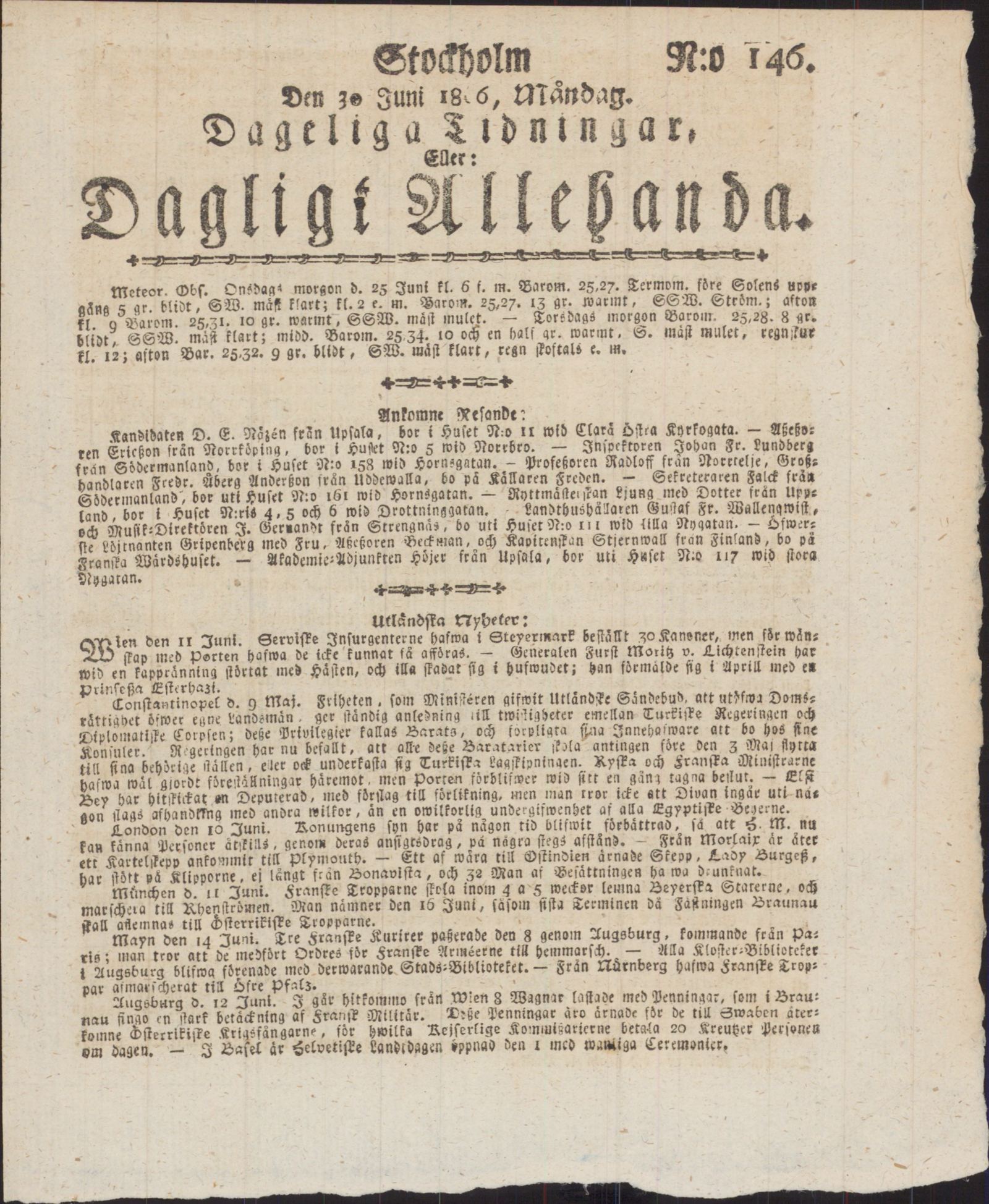 Tidningssida ur DAGLIGT ALLEHANDA, 1806-06-30