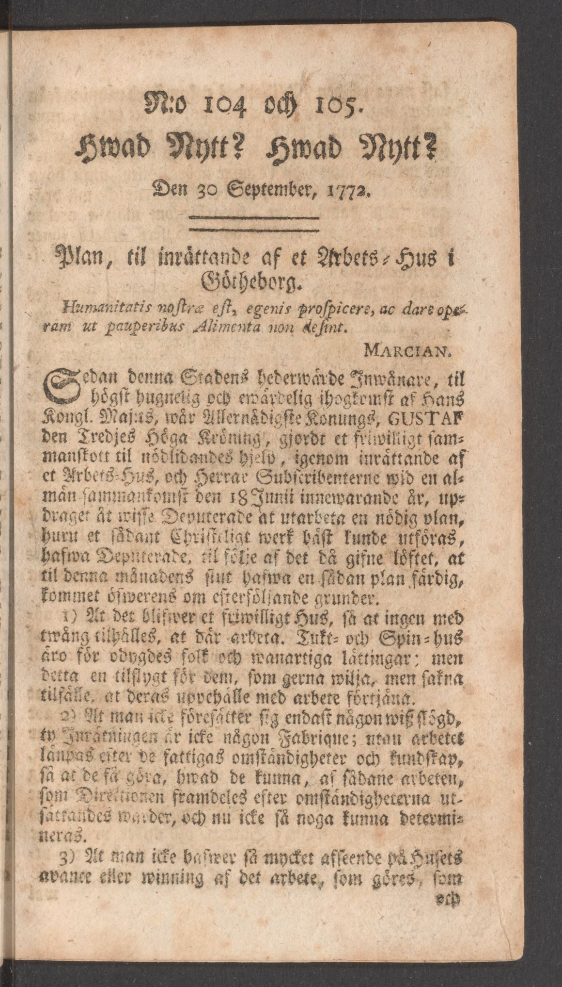 Tidningssida ur HWAD NYTT?, 1772-09-30