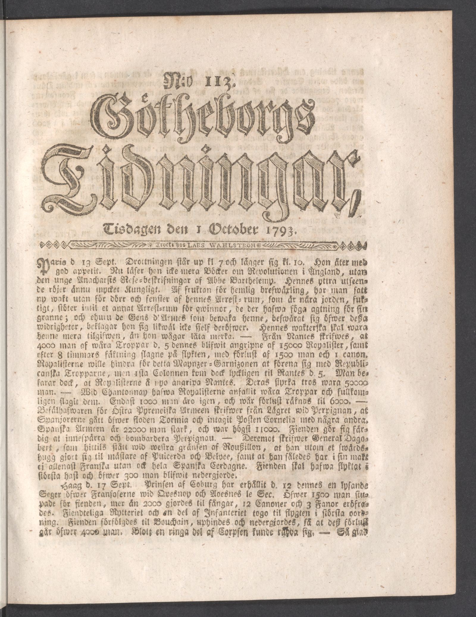Tidningssida ur GÖTHEBORGS TIDNINGAR, 1793-10-01