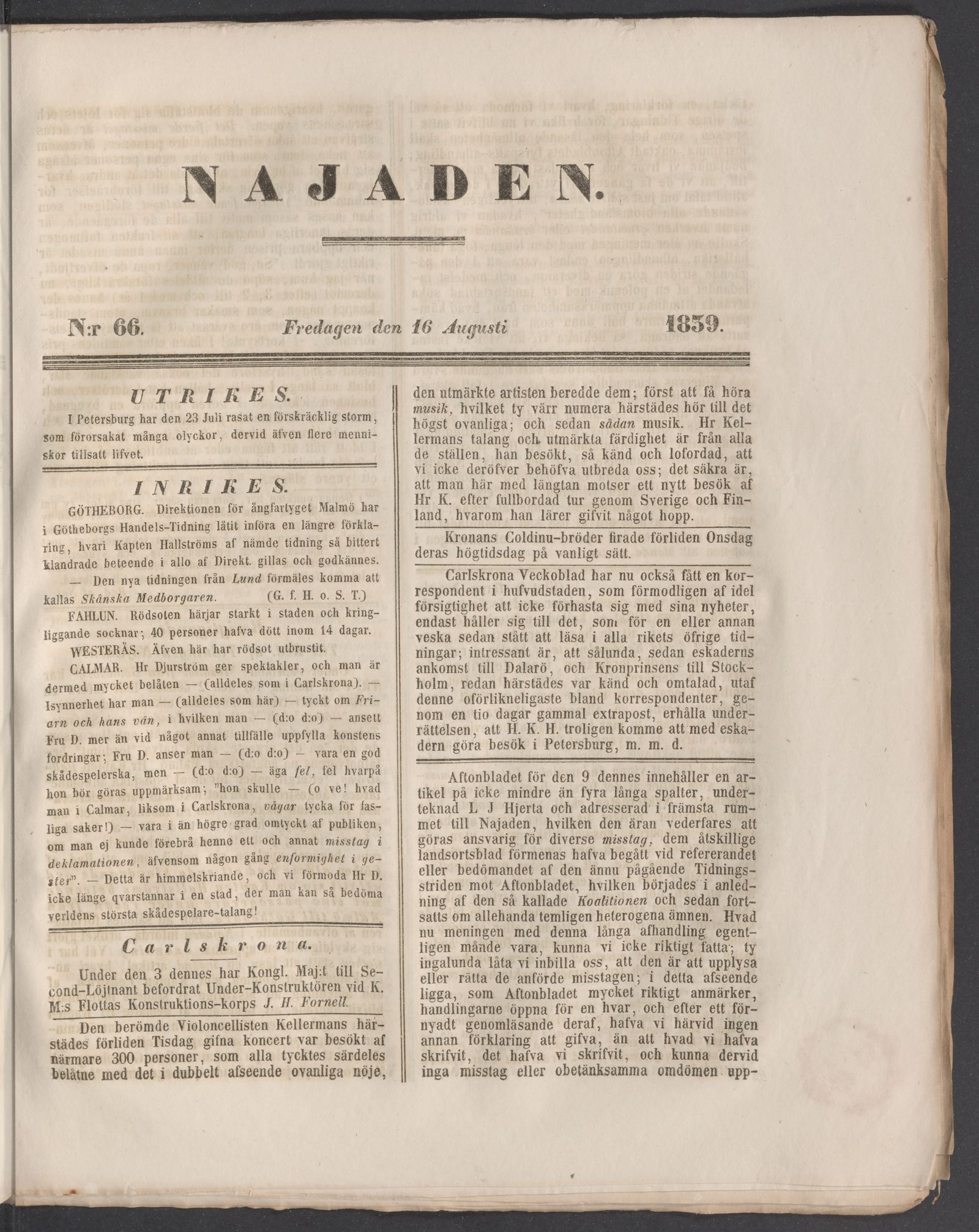 Tidningssida ur NAJADEN, 1839-08-16