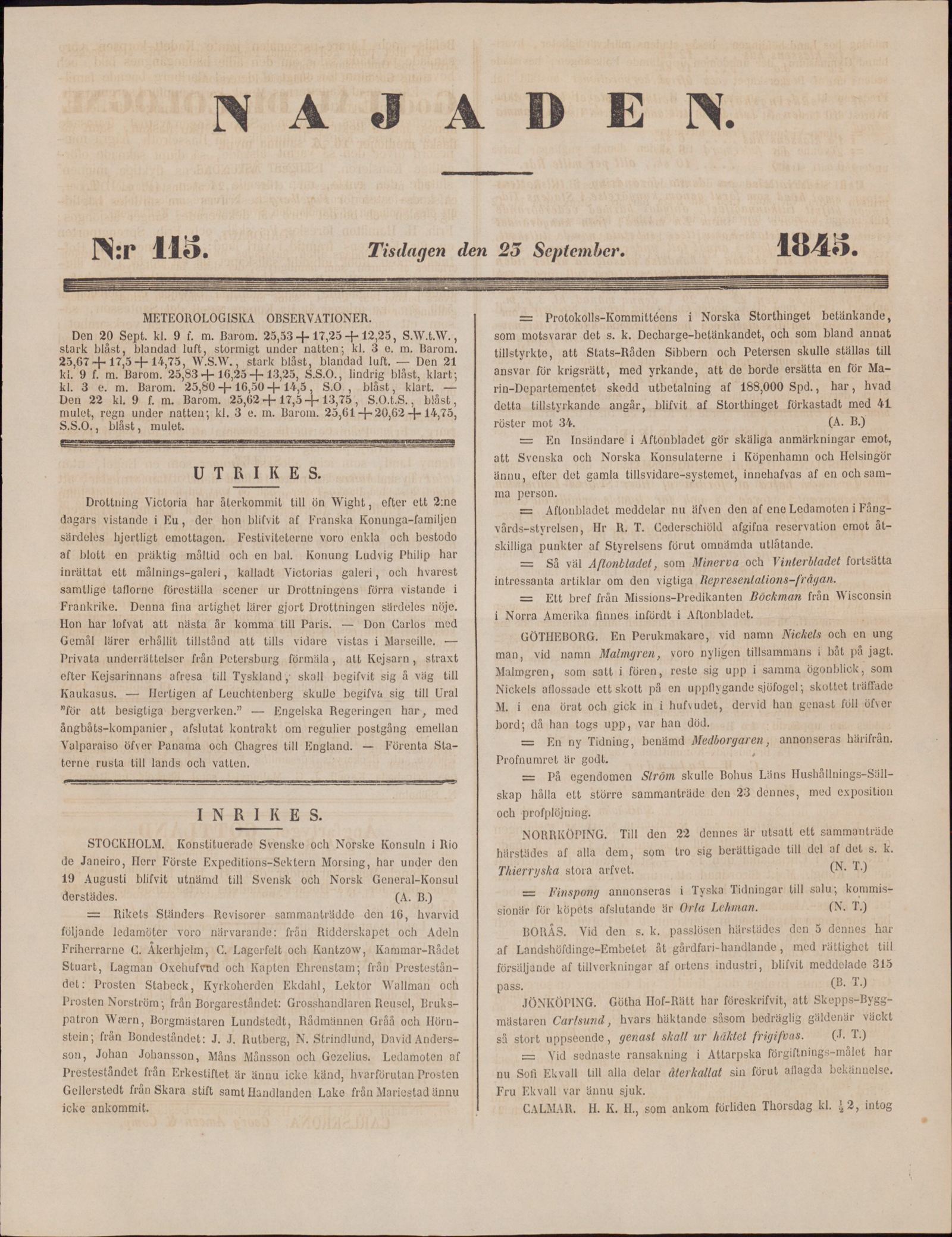 Tidningssida ur NAJADEN, 1845-09-23