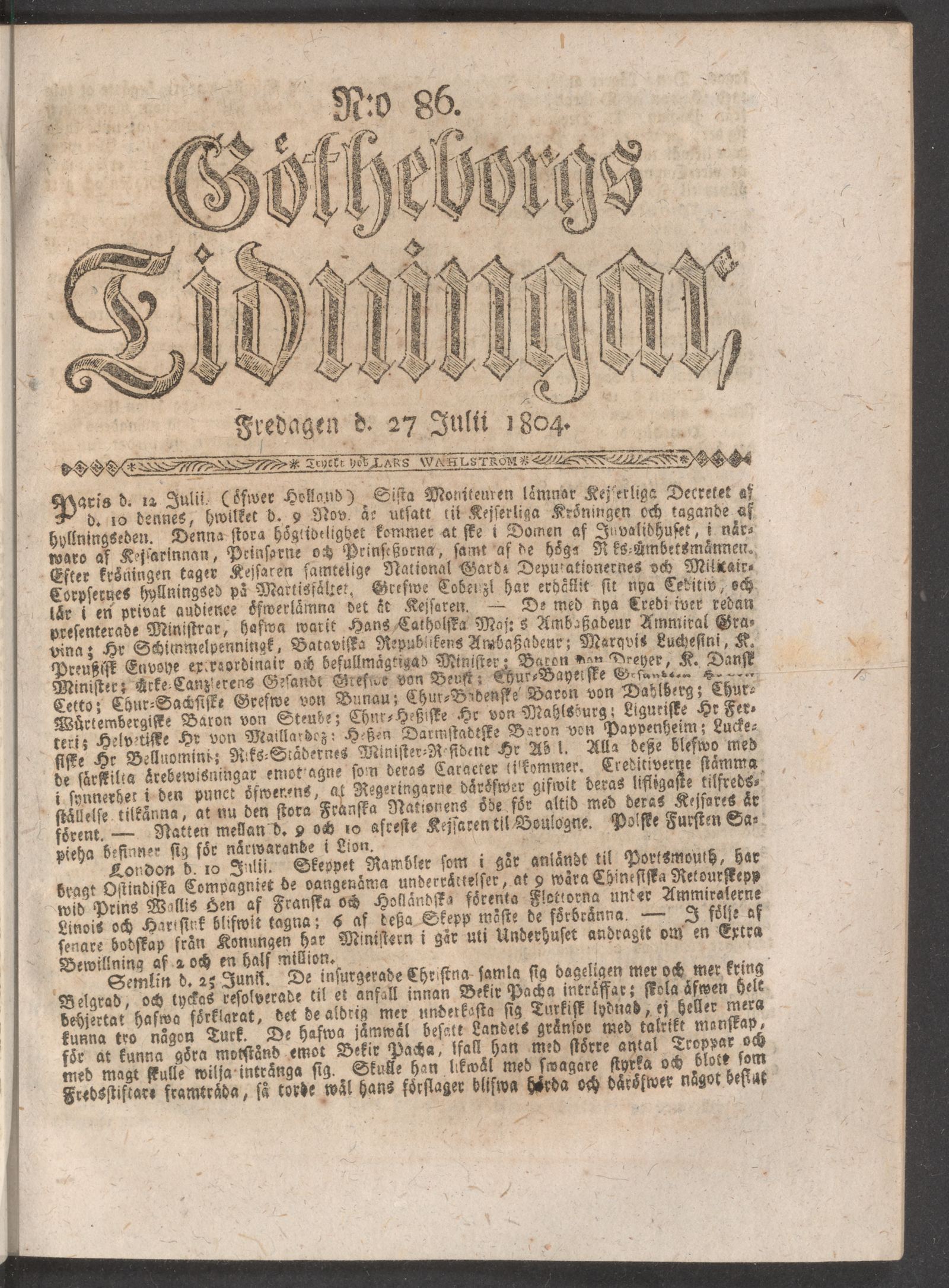 Tidningssida ur GÖTHEBORGS TIDNINGAR, 1804-07-27