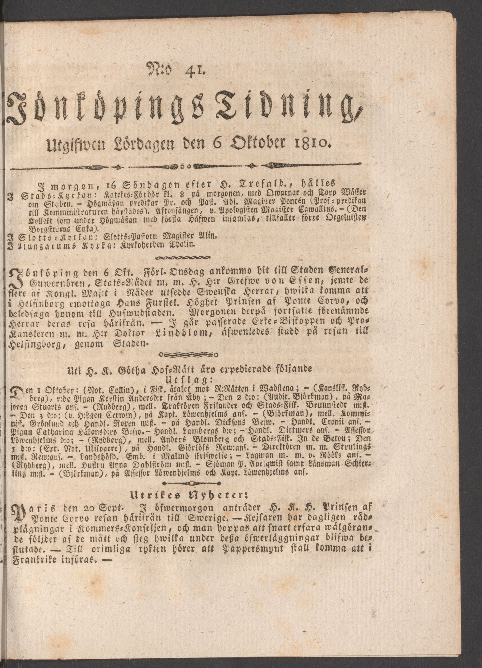 Tidningssida ur JÖNKÖPINGS TIDNING, 1810-10-06