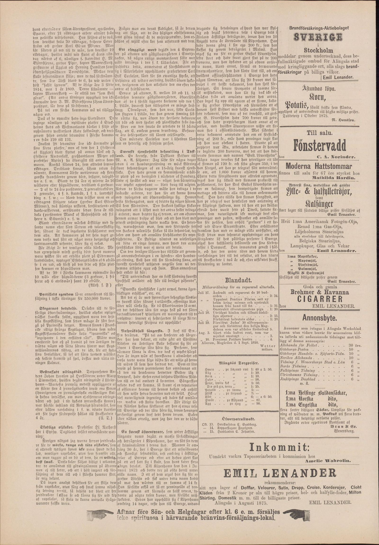 Tidningssida ur Alingsås Weckoblad, 1875-10-13