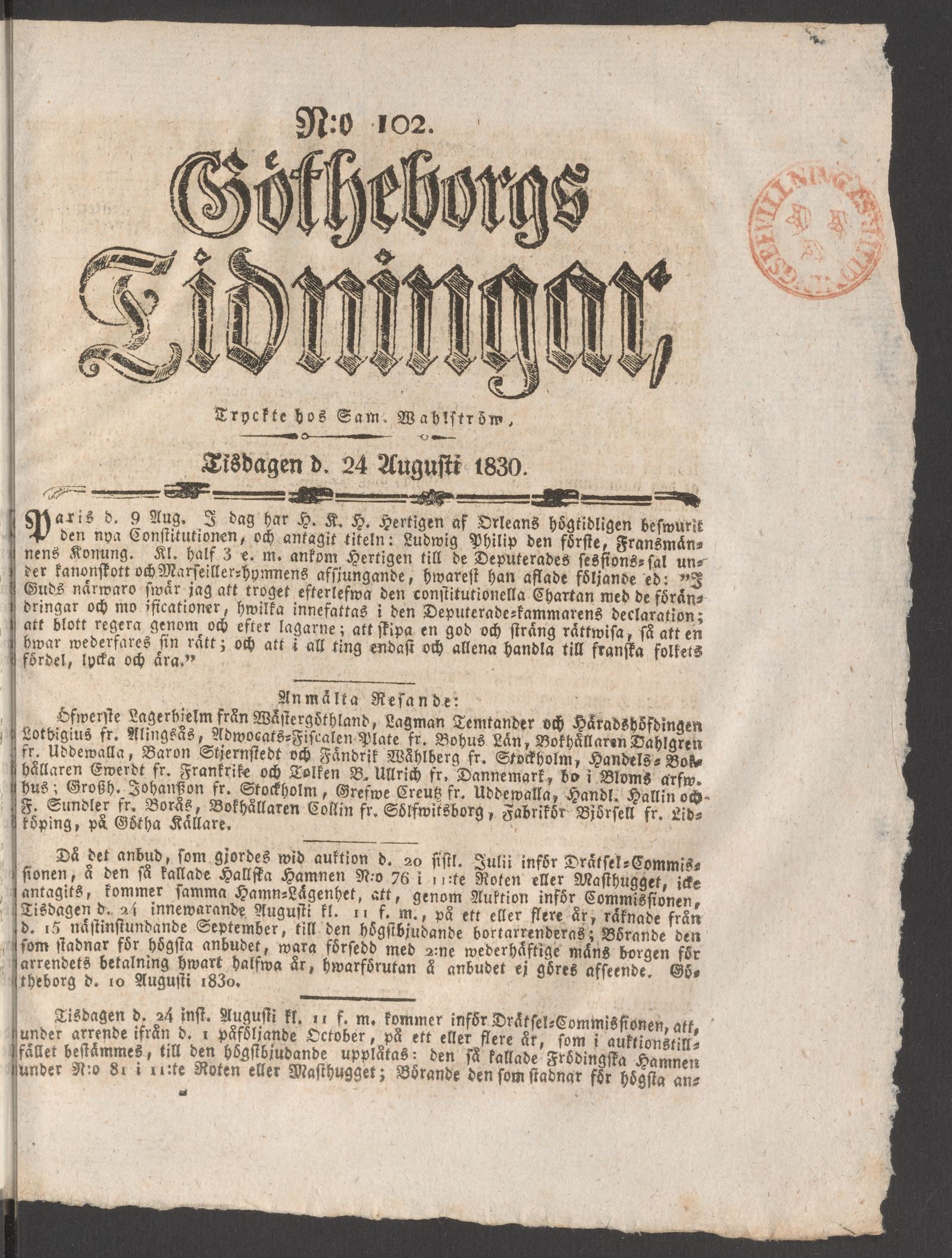 Tidningssida ur GÖTHEBORGS TIDNINGAR, 1830-08-24