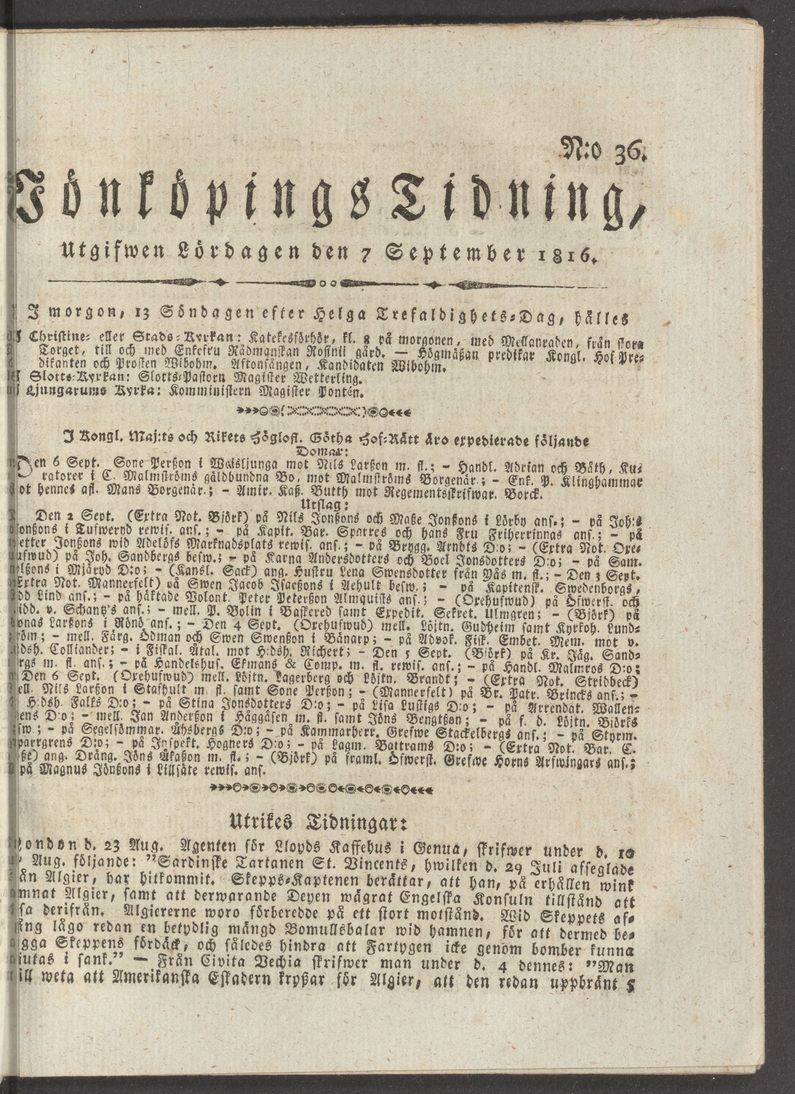 Tidningssida ur JÖNKÖPINGS TIDNING, 1816-09-07