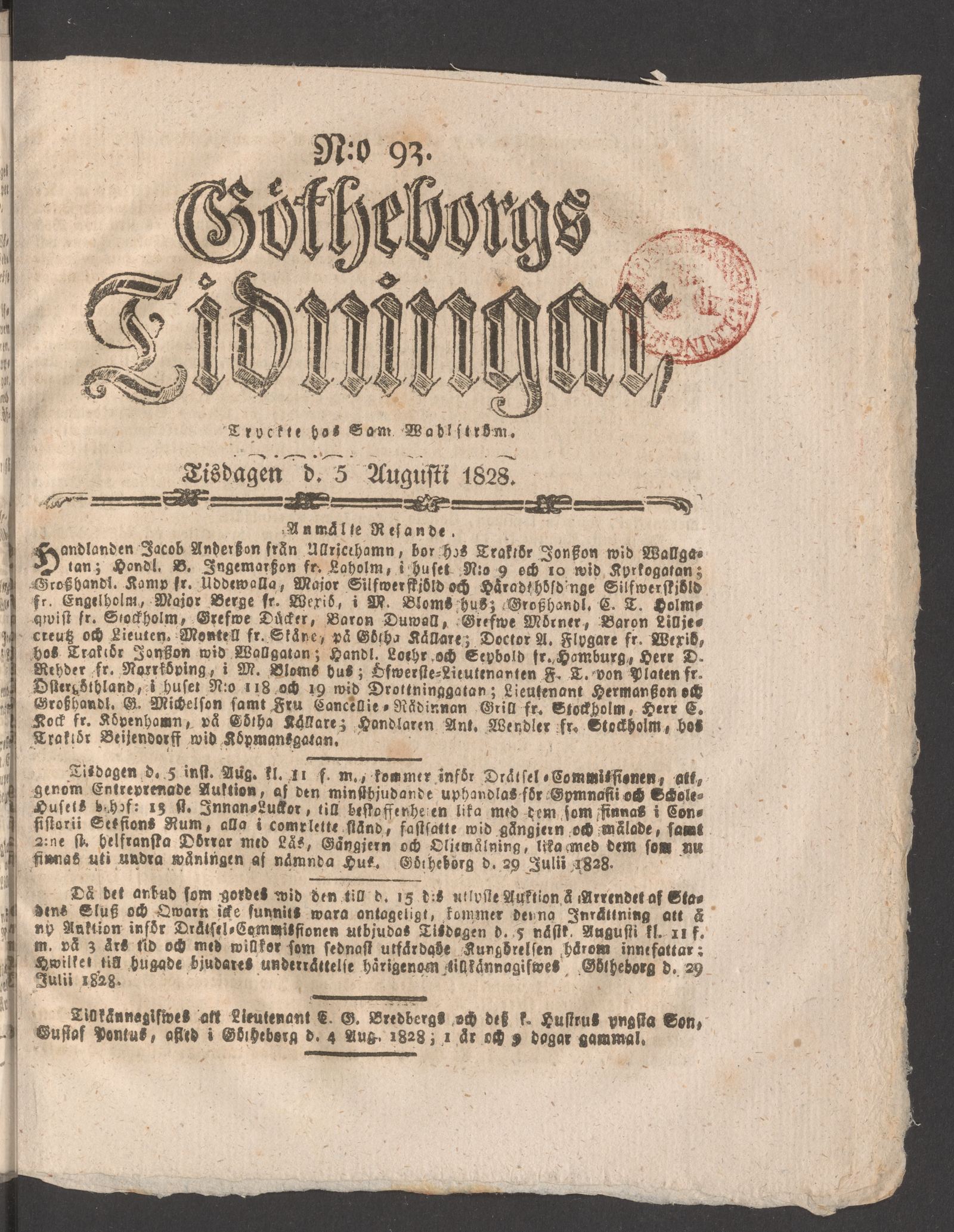 Tidningssida ur GÖTHEBORGS TIDNINGAR, 1828-08-05