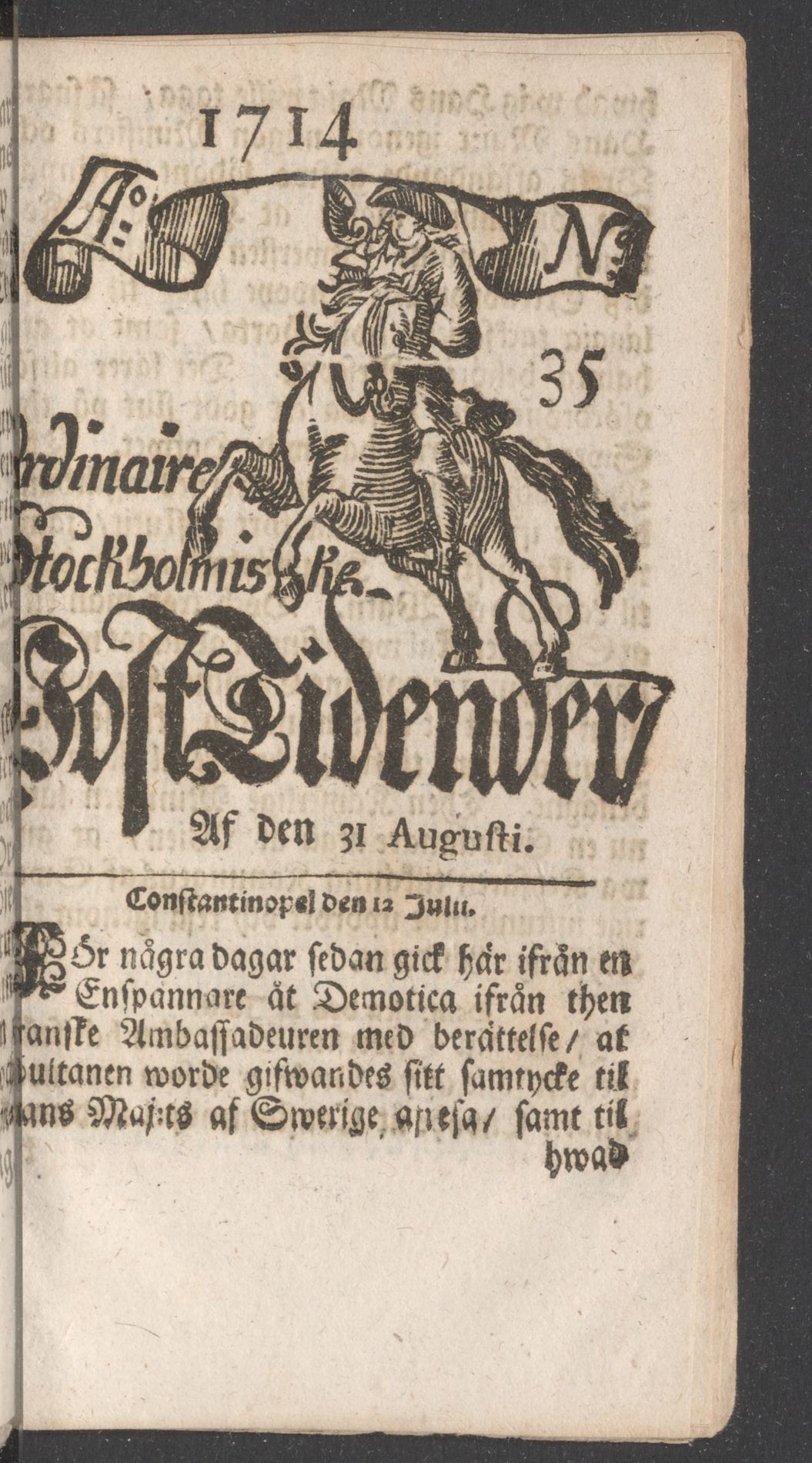 Tidningssida ur POSTTIDNINGAR, 1714-08-31