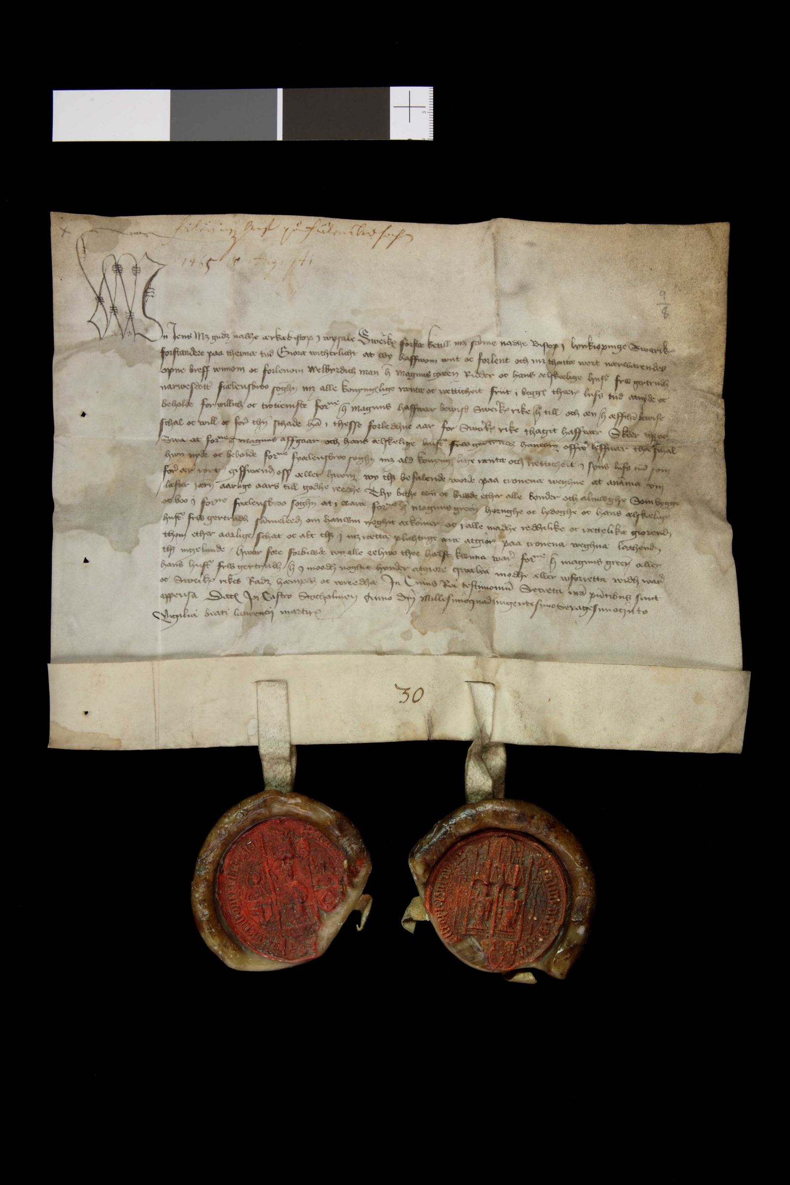 Tidningssida ur Svenskt Diplomatarium, 1465-08-09
