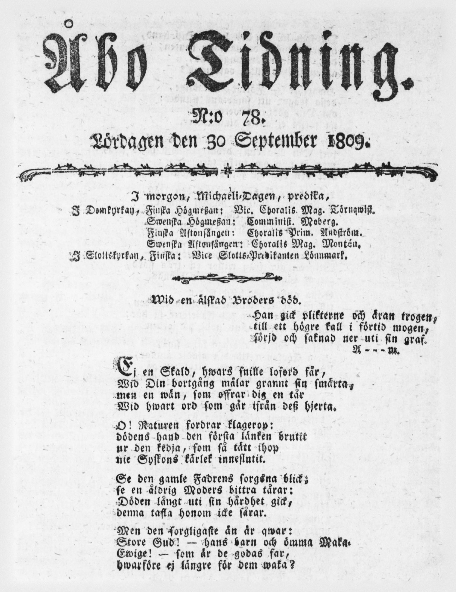 Tidningssida ur ÅBO TIDNING, 1809-09-30
