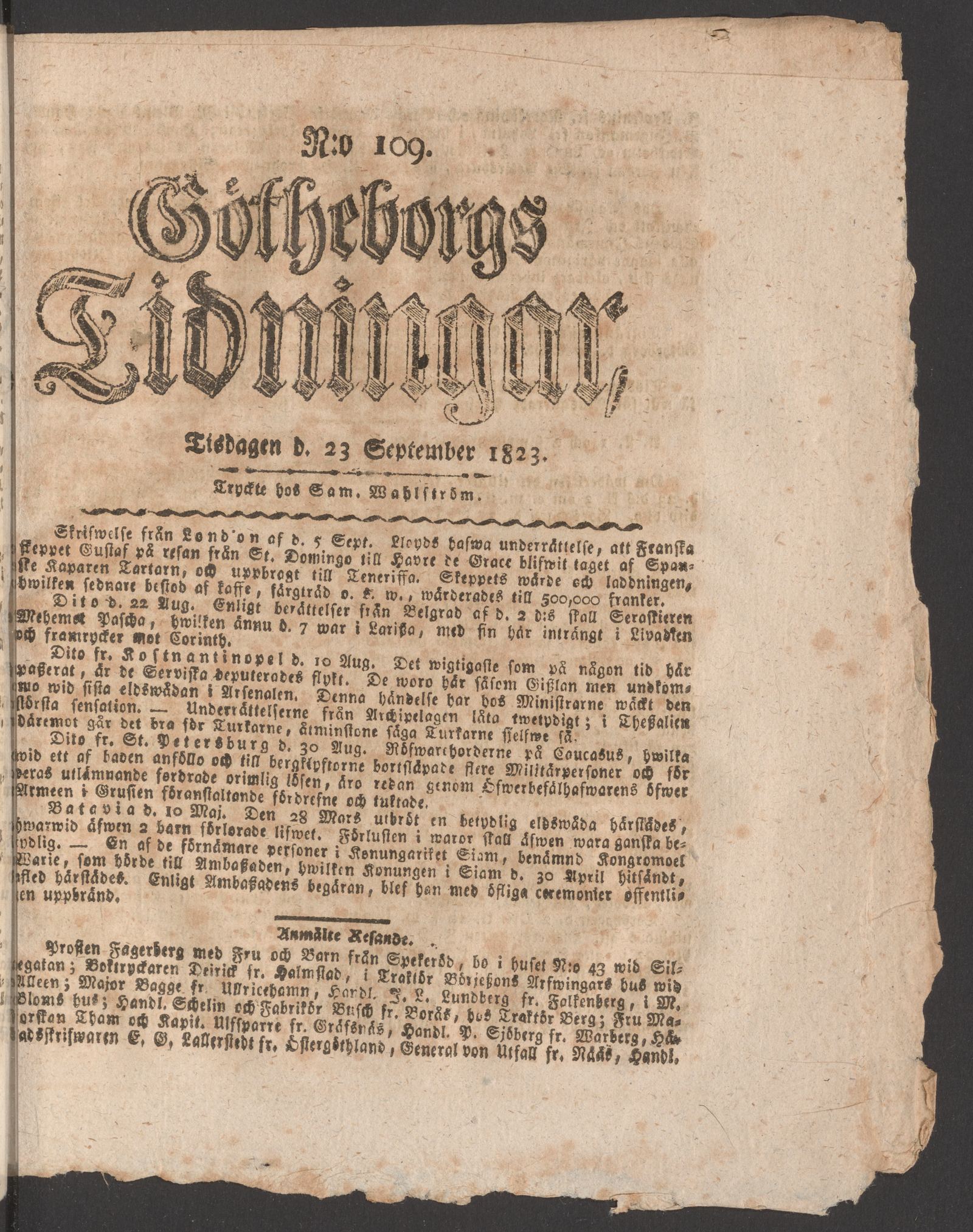 Tidningssida ur GÖTHEBORGS TIDNINGAR, 1823-09-23