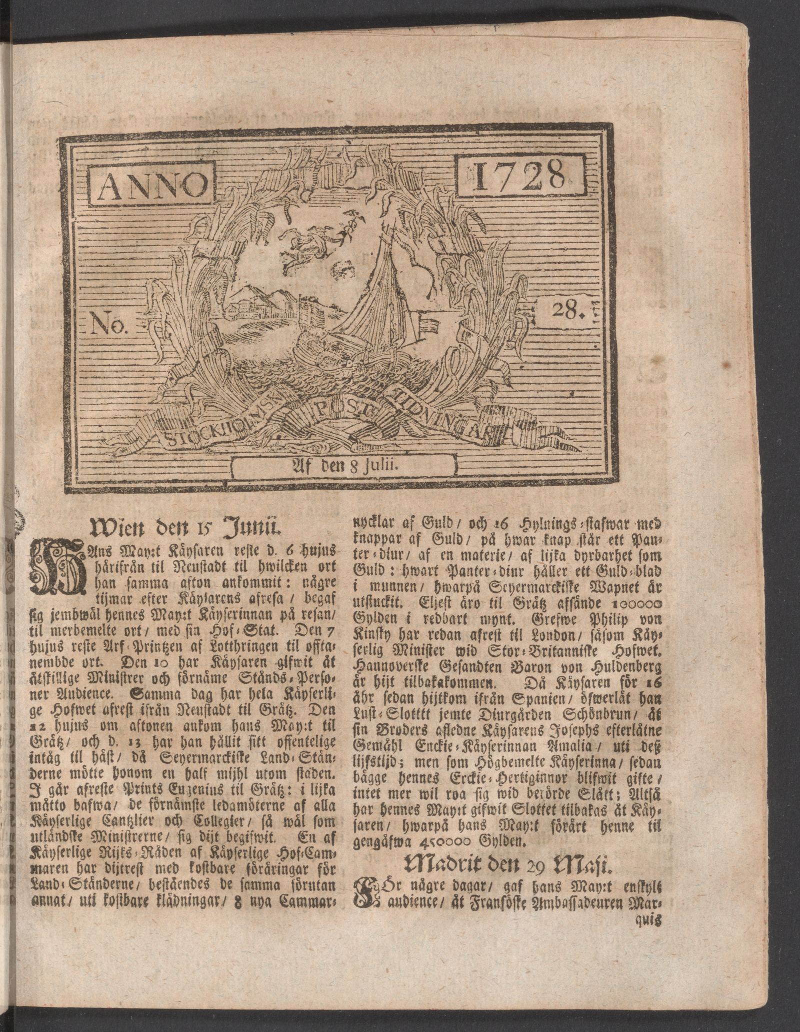 Tidningssida ur POSTTIDNINGAR, 1728-07-08