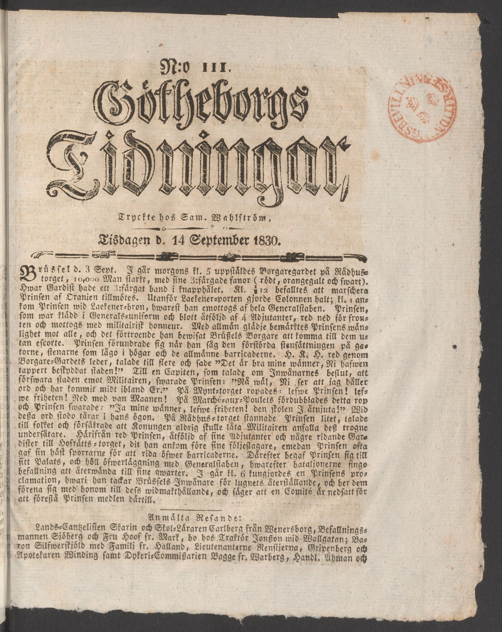 Tidningssida ur GÖTHEBORGS TIDNINGAR, 1830-09-14