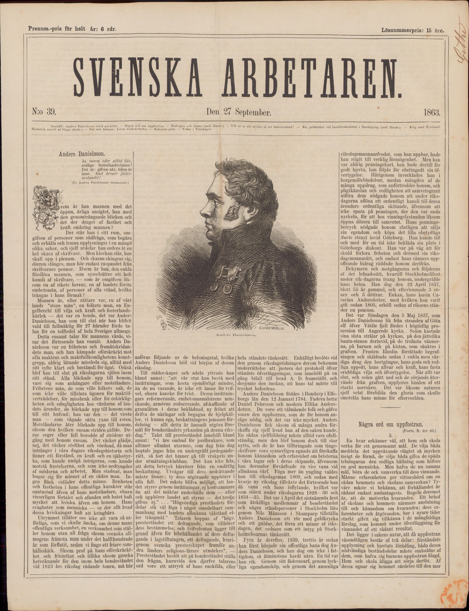 Tidningssida ur SVENSKA ARBETAREN, 1863-09-27