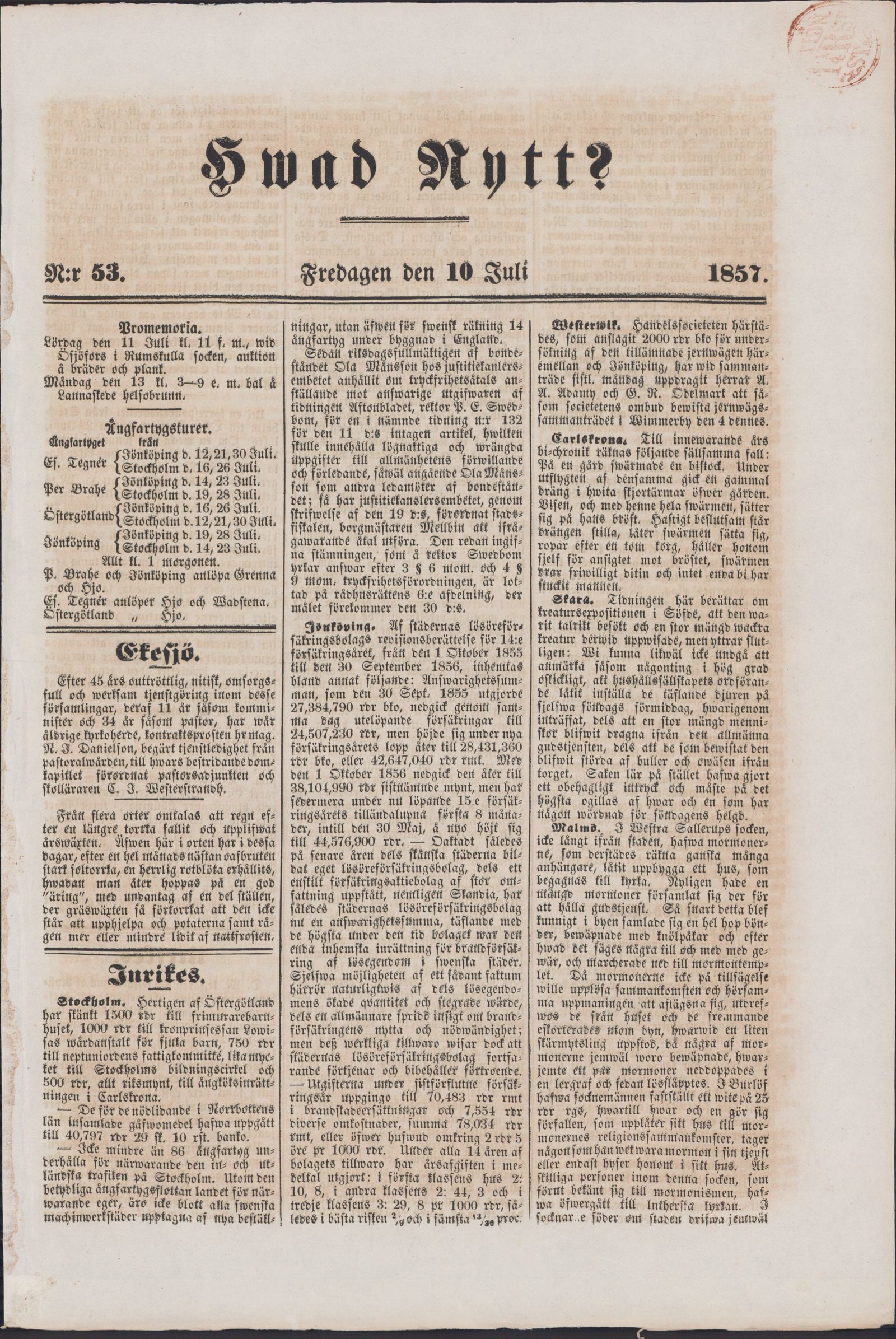 Tidningssida ur HVAD NYTT?, 1857-07-10