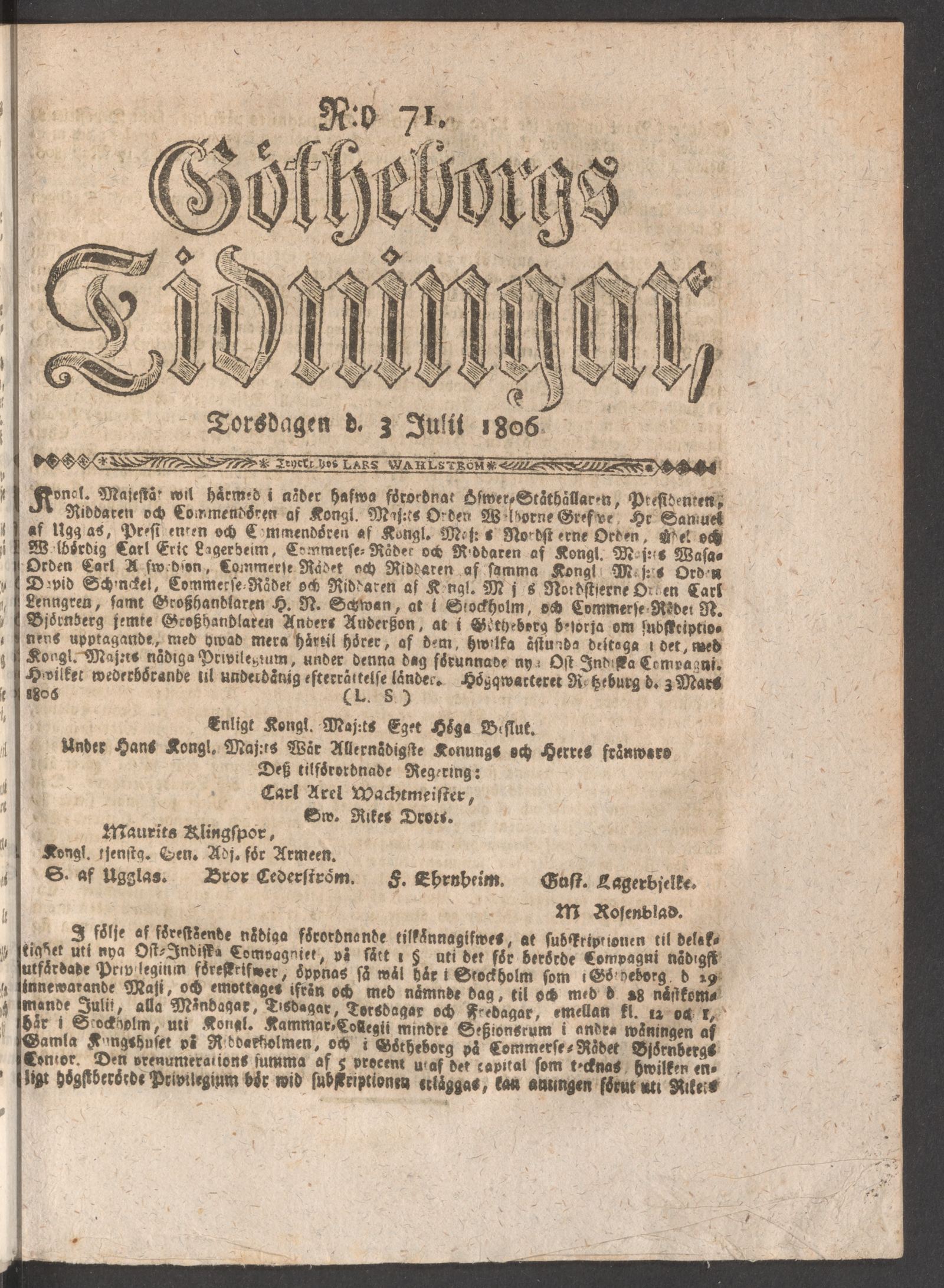 Tidningssida ur GÖTHEBORGS TIDNINGAR, 1806-07-03