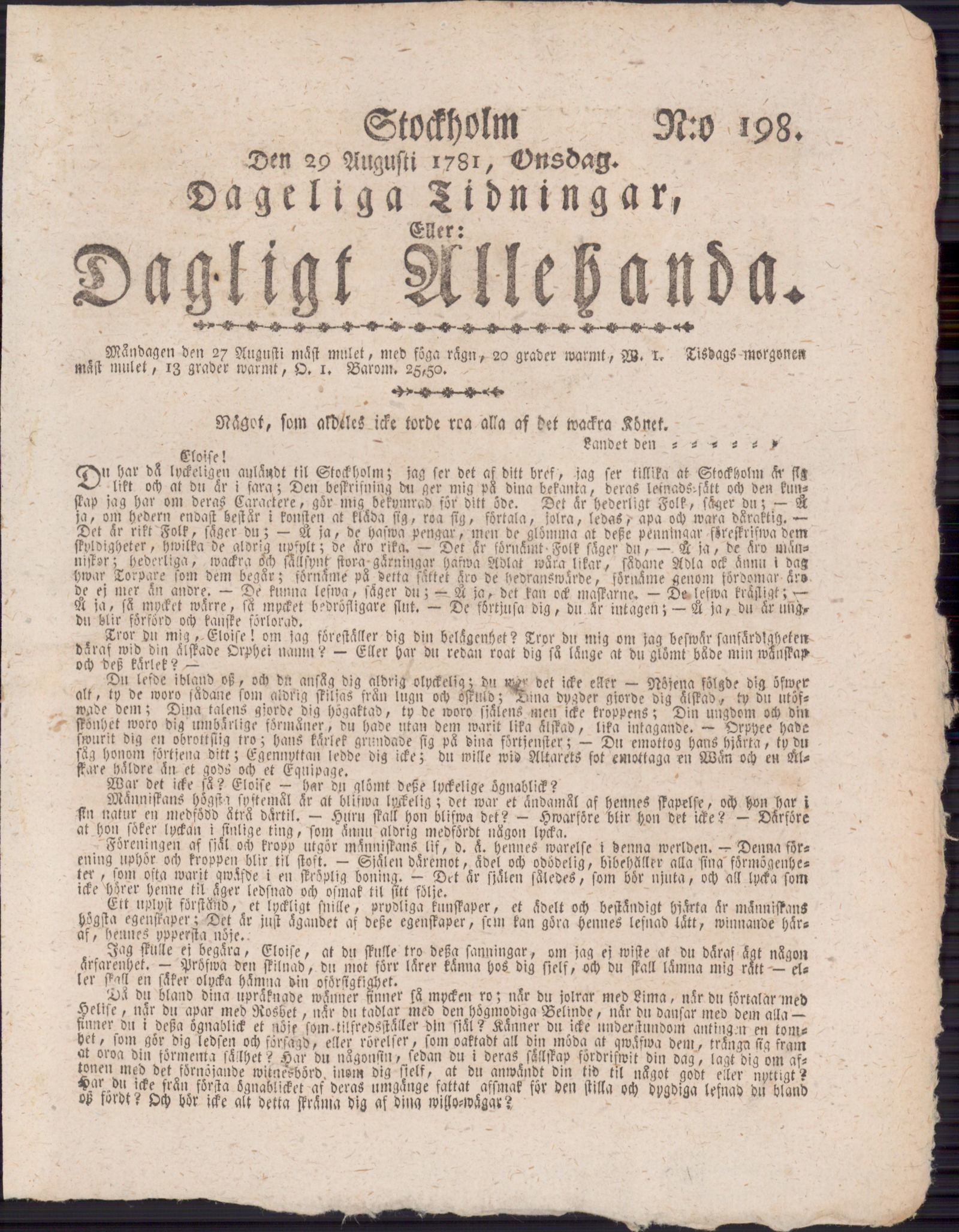 Tidningssida ur DAGLIGT ALLEHANDA, 1781-08-29