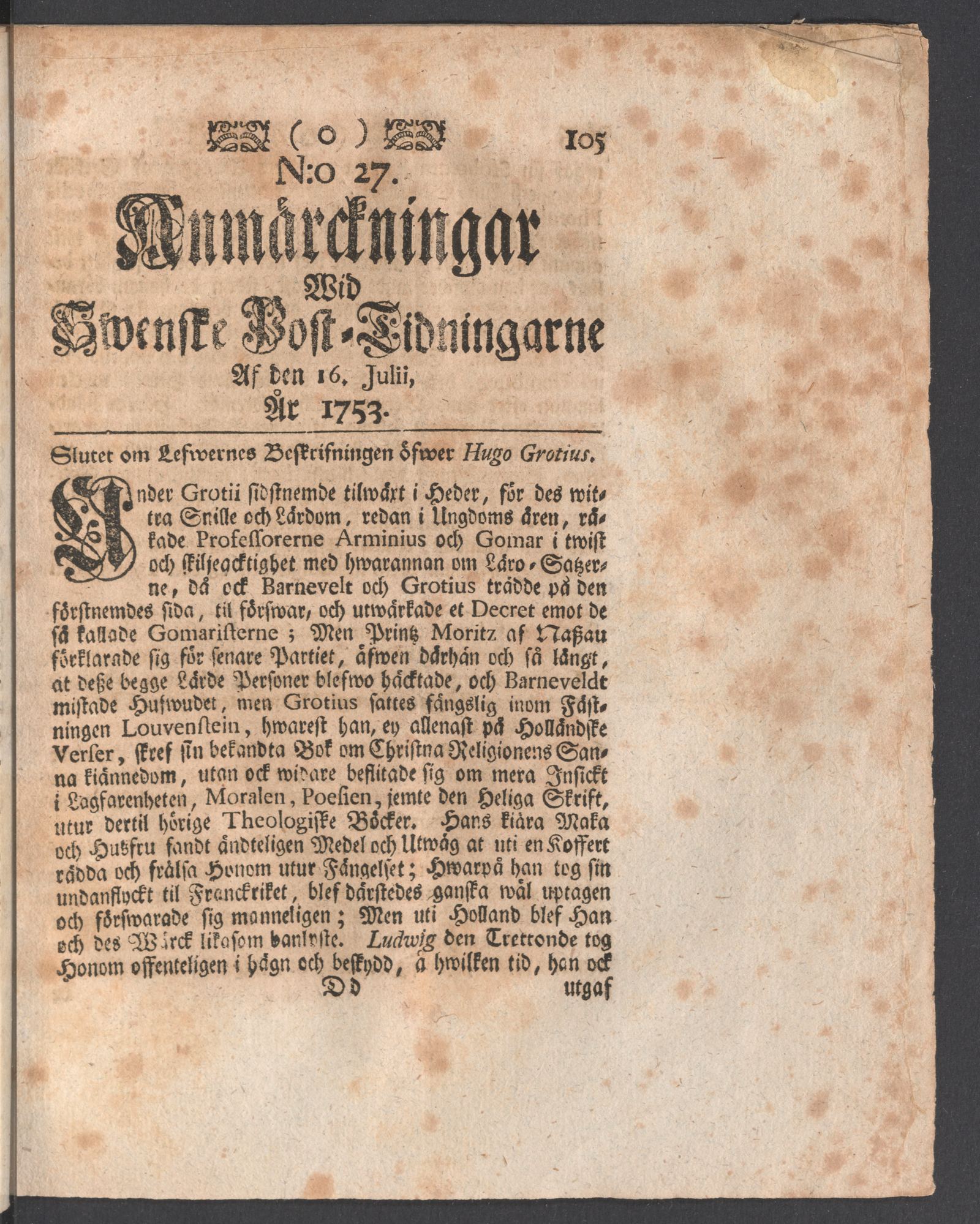 Tidningssida ur ANMÄRCKNINGAR WID SWENSKE POSTTIDNINGARNE, 1753-07-16