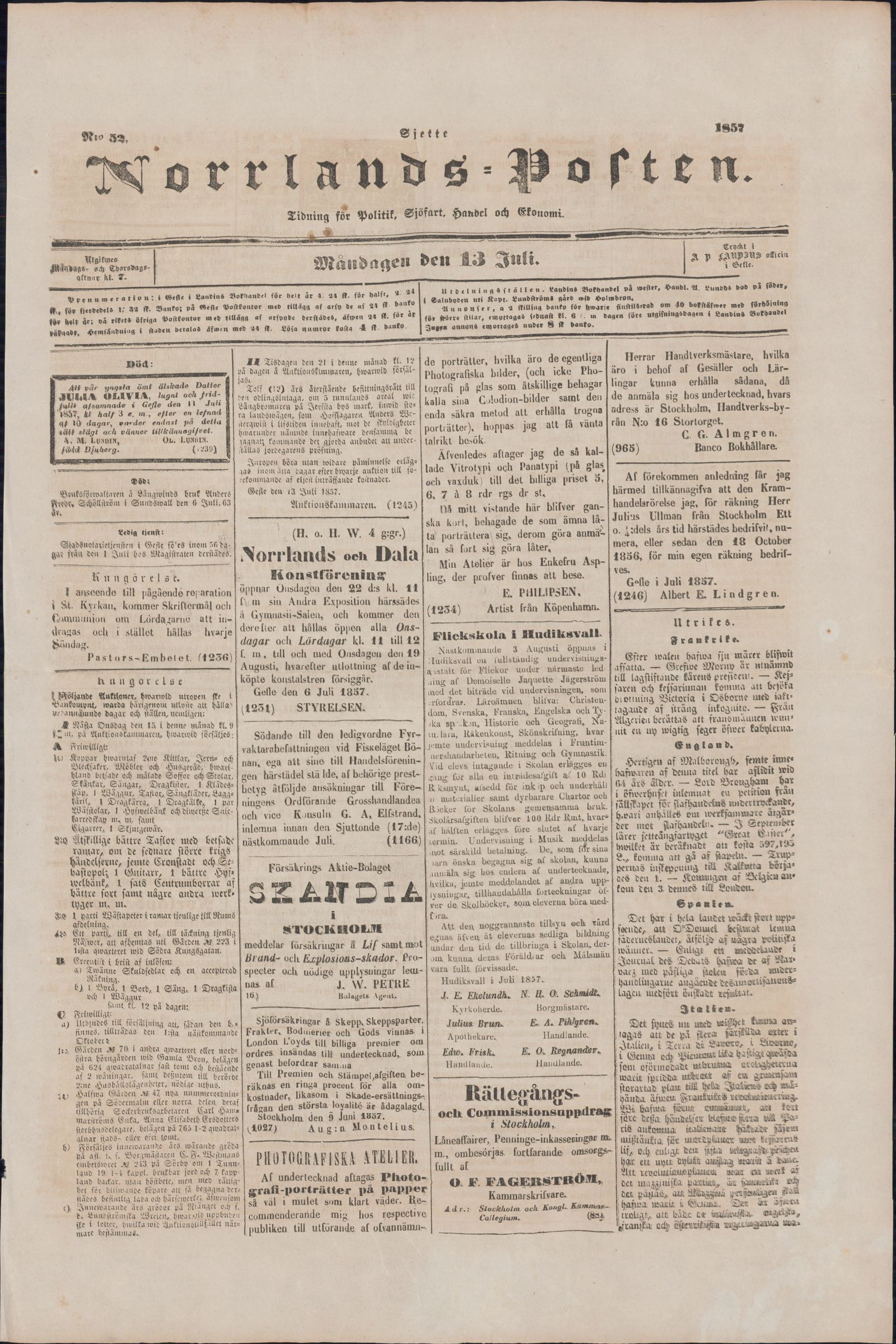 Tidningssida ur NORRLANDSPOSTEN, 1857-07-13