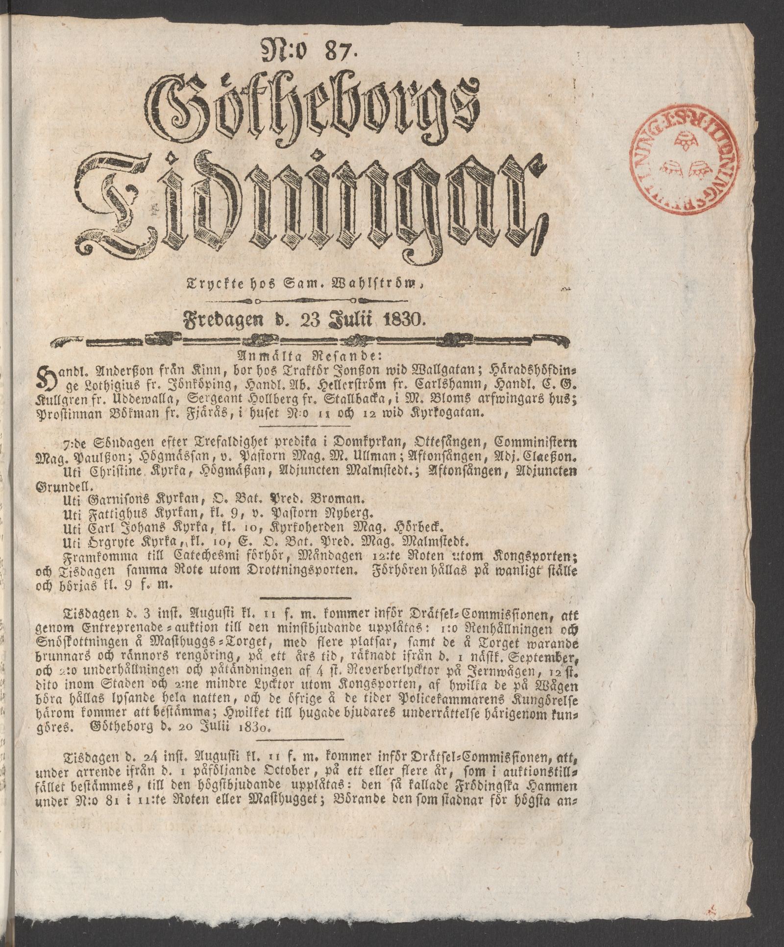 Tidningssida ur GÖTHEBORGS TIDNINGAR, 1830-07-23