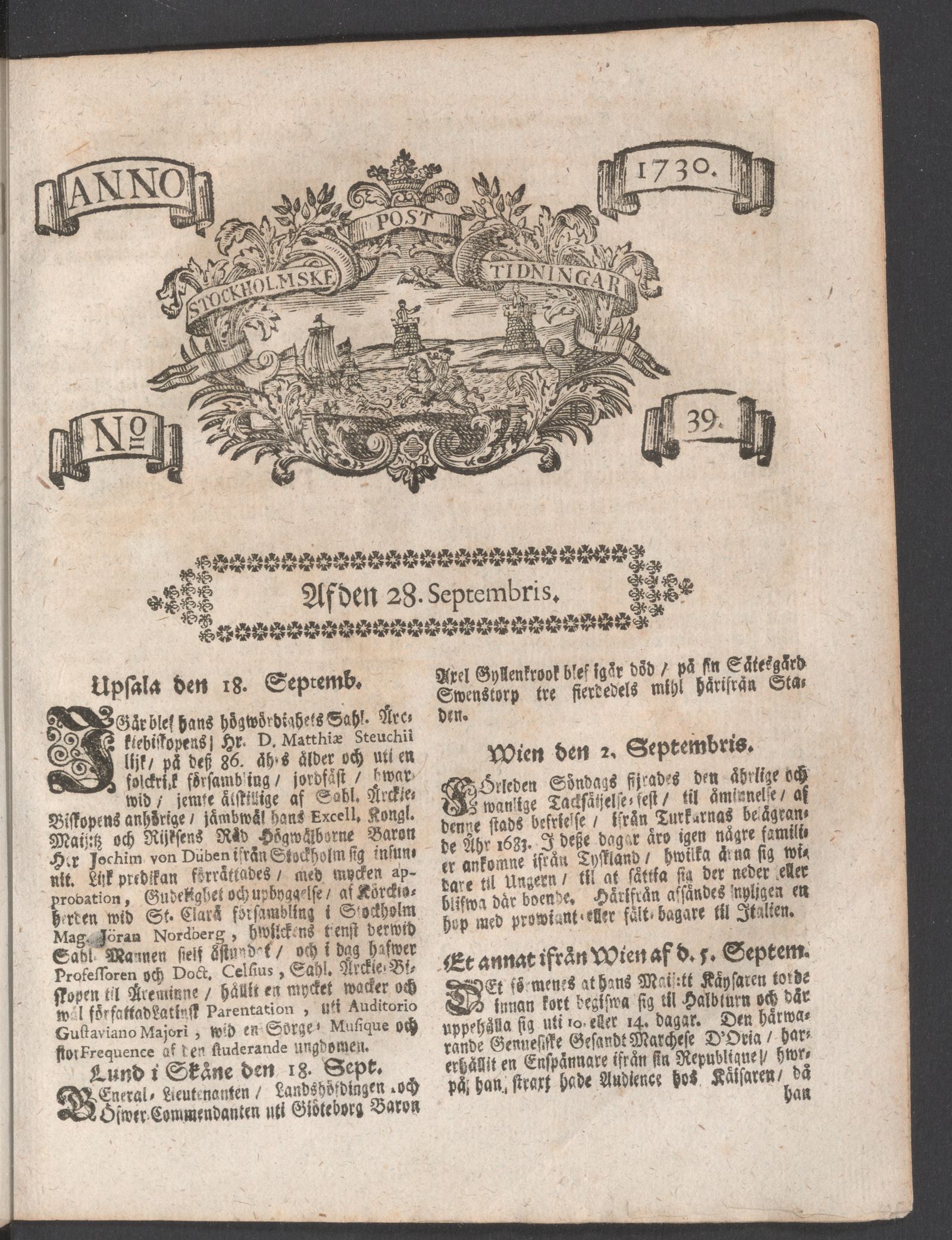 Tidningssida ur POSTTIDNINGAR, 1730-09-28