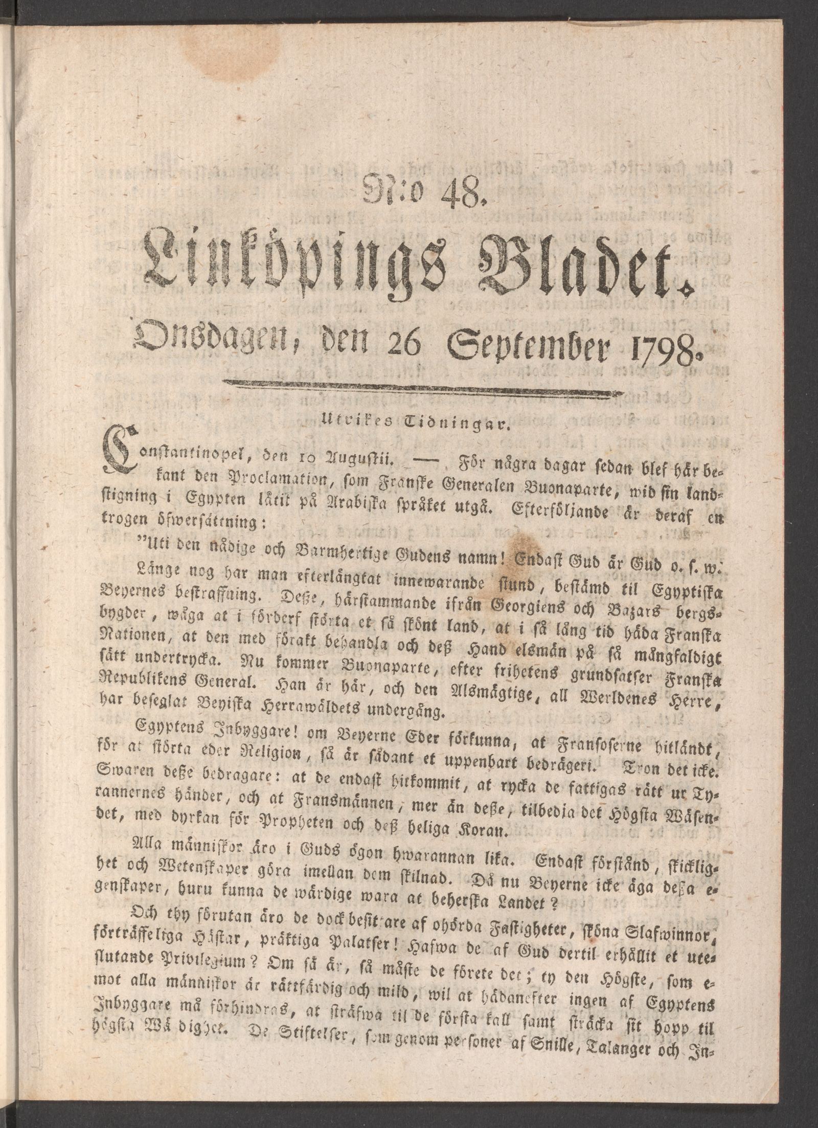 Tidningssida ur LINKÖPINGSBLADET, 1798-09-26