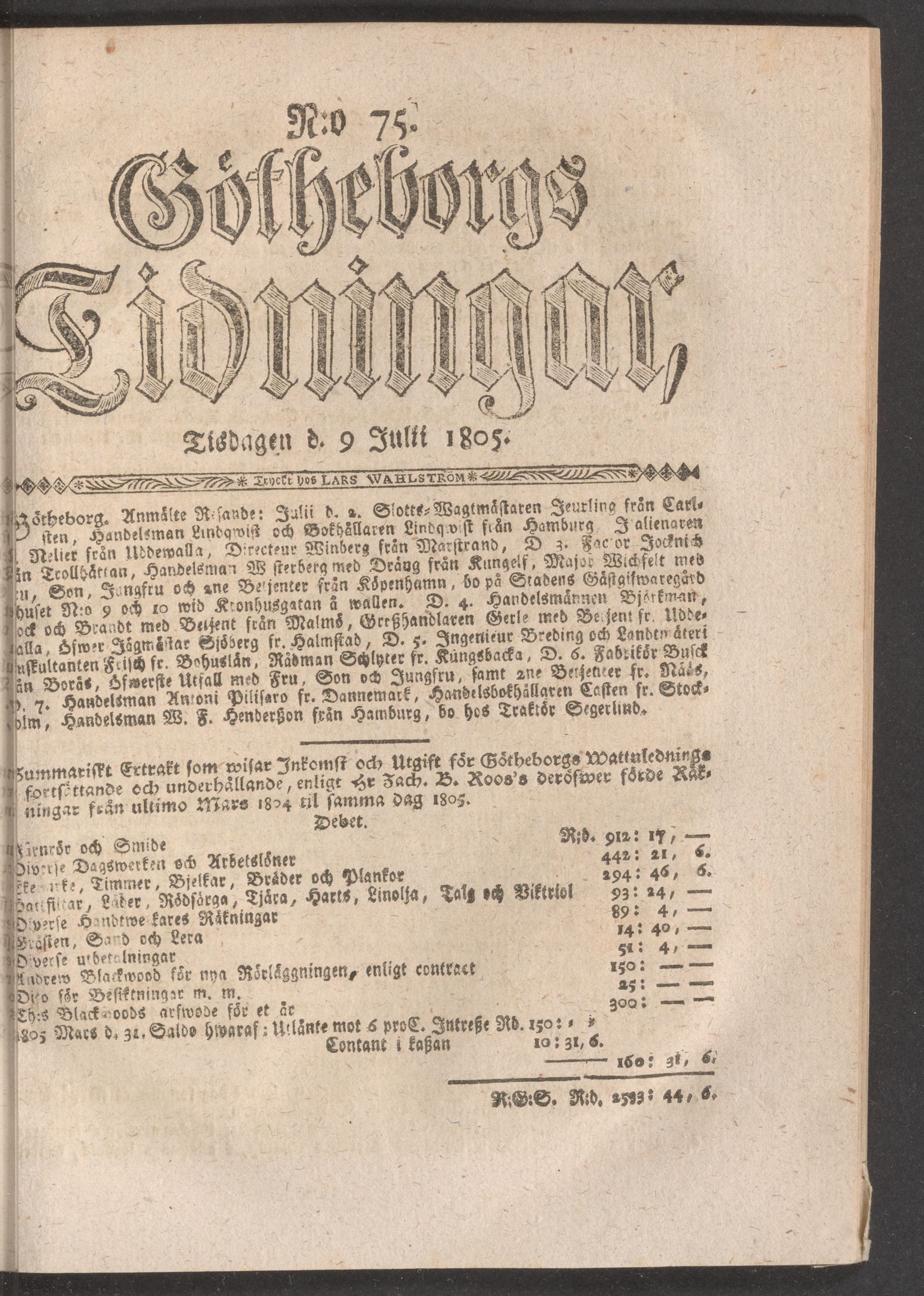 Tidningssida ur GÖTHEBORGS TIDNINGAR, 1805-07-09