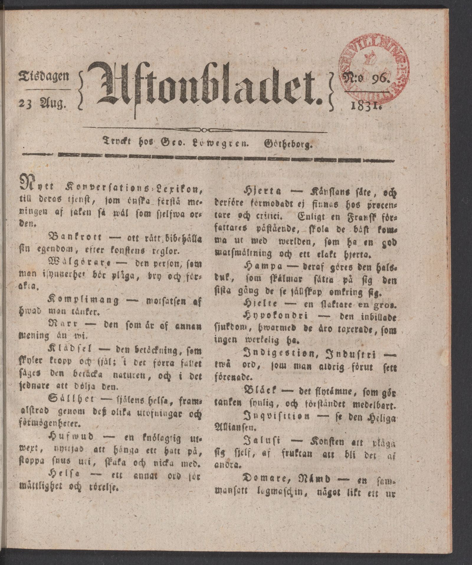 Tidningssida ur AFTONBLADET, 1831-08-23