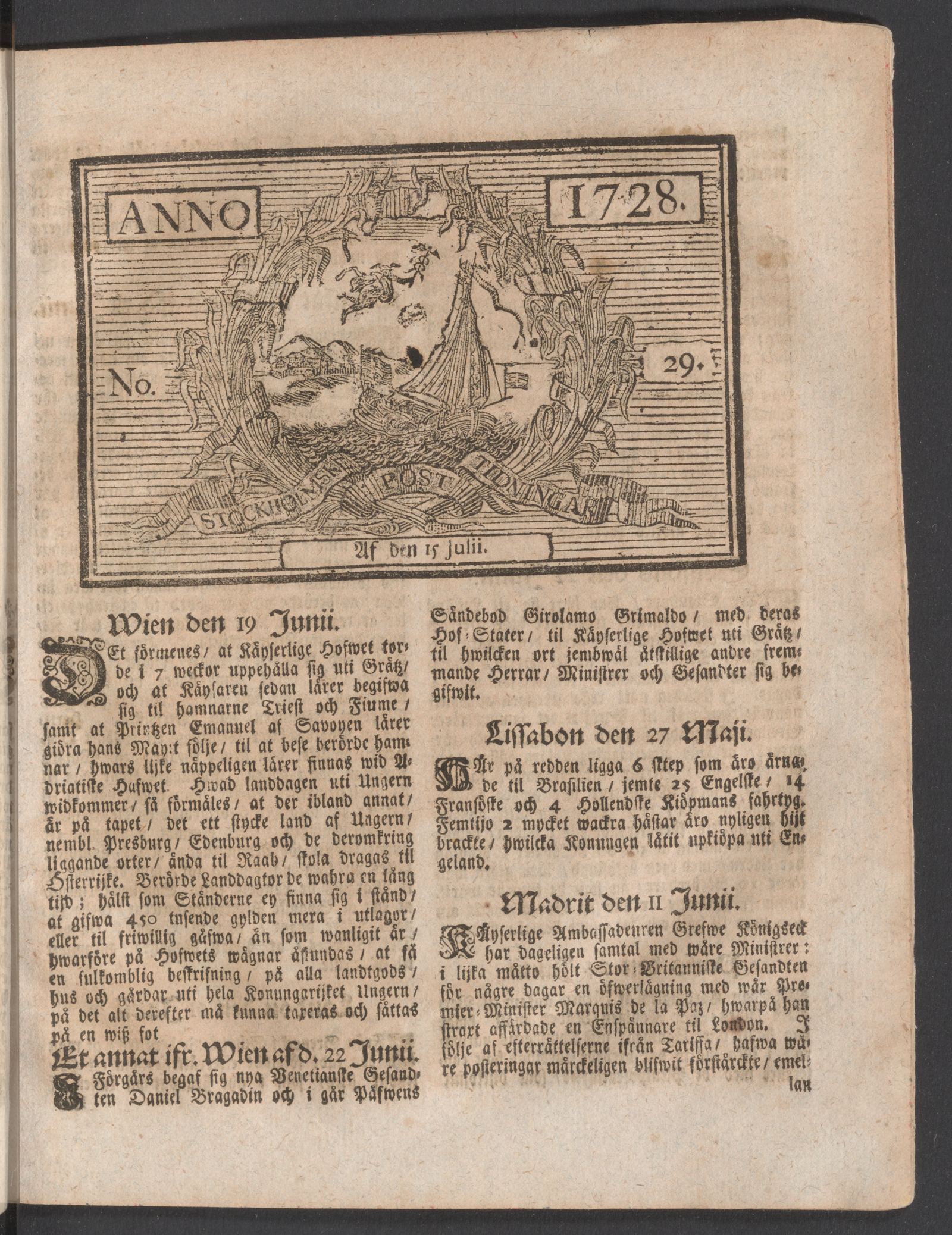Tidningssida ur POSTTIDNINGAR, 1728-07-15