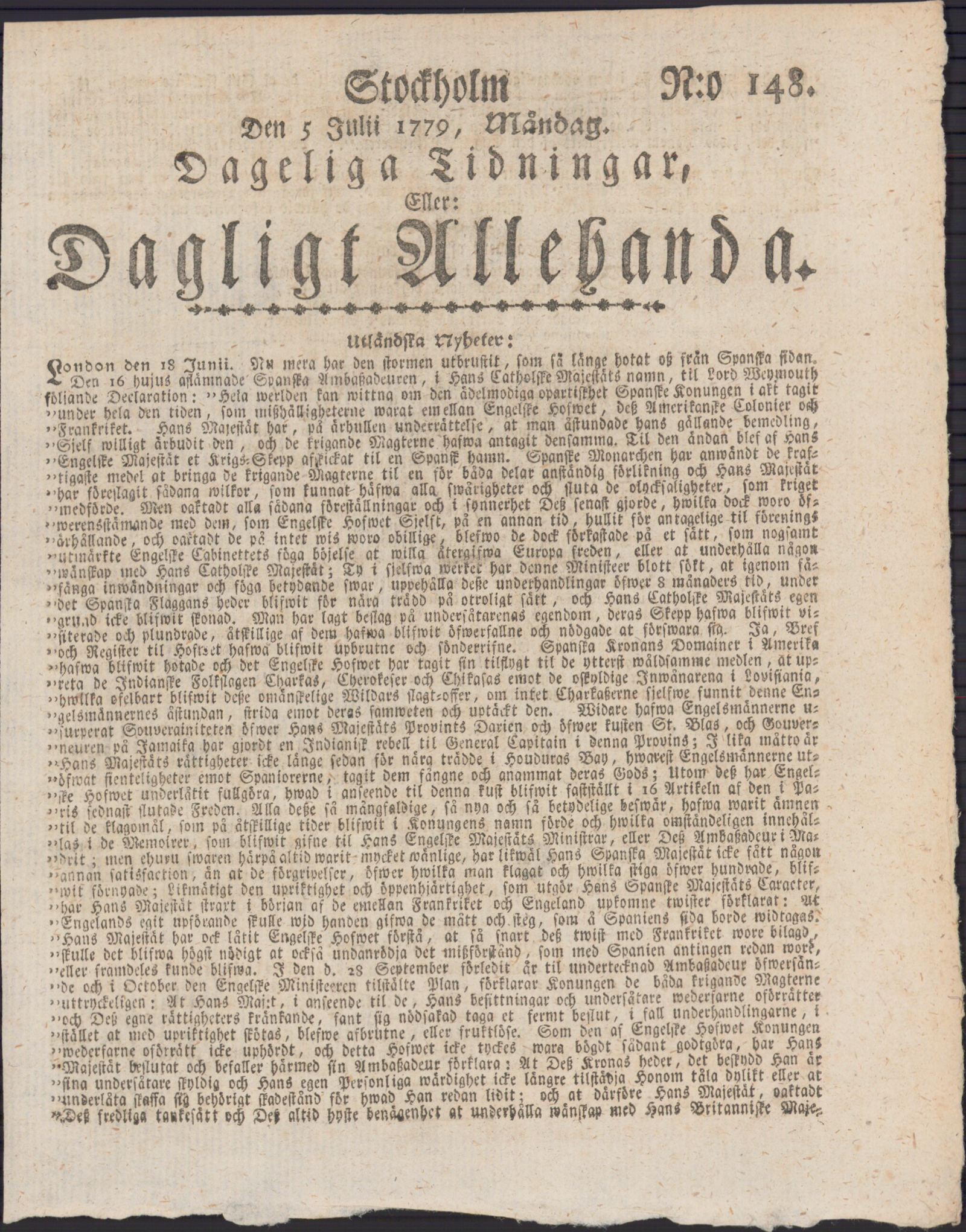 Tidningssida ur DAGLIGT ALLEHANDA, 1779-07-05