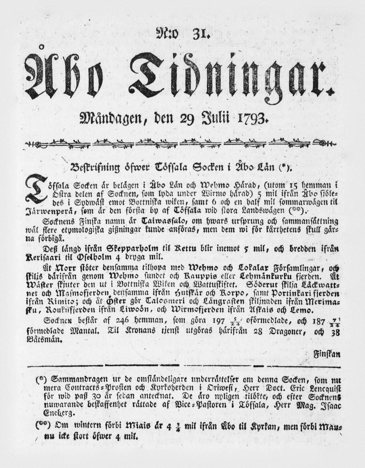 Tidningssida ur ÅBO TIDNINGAR, 1793-07-29