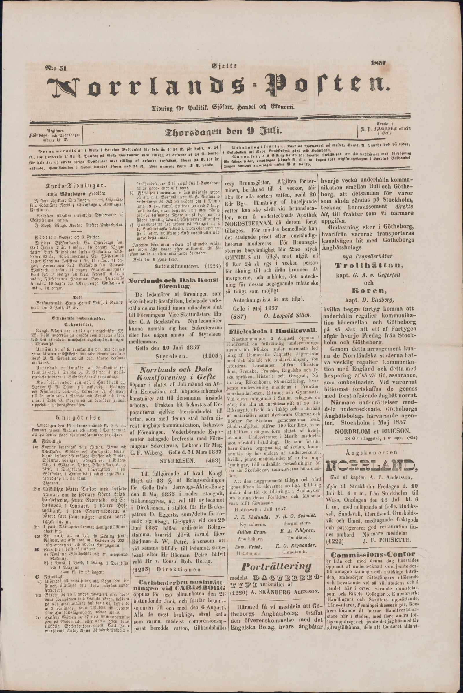 Tidningssida ur NORRLANDSPOSTEN, 1857-07-09