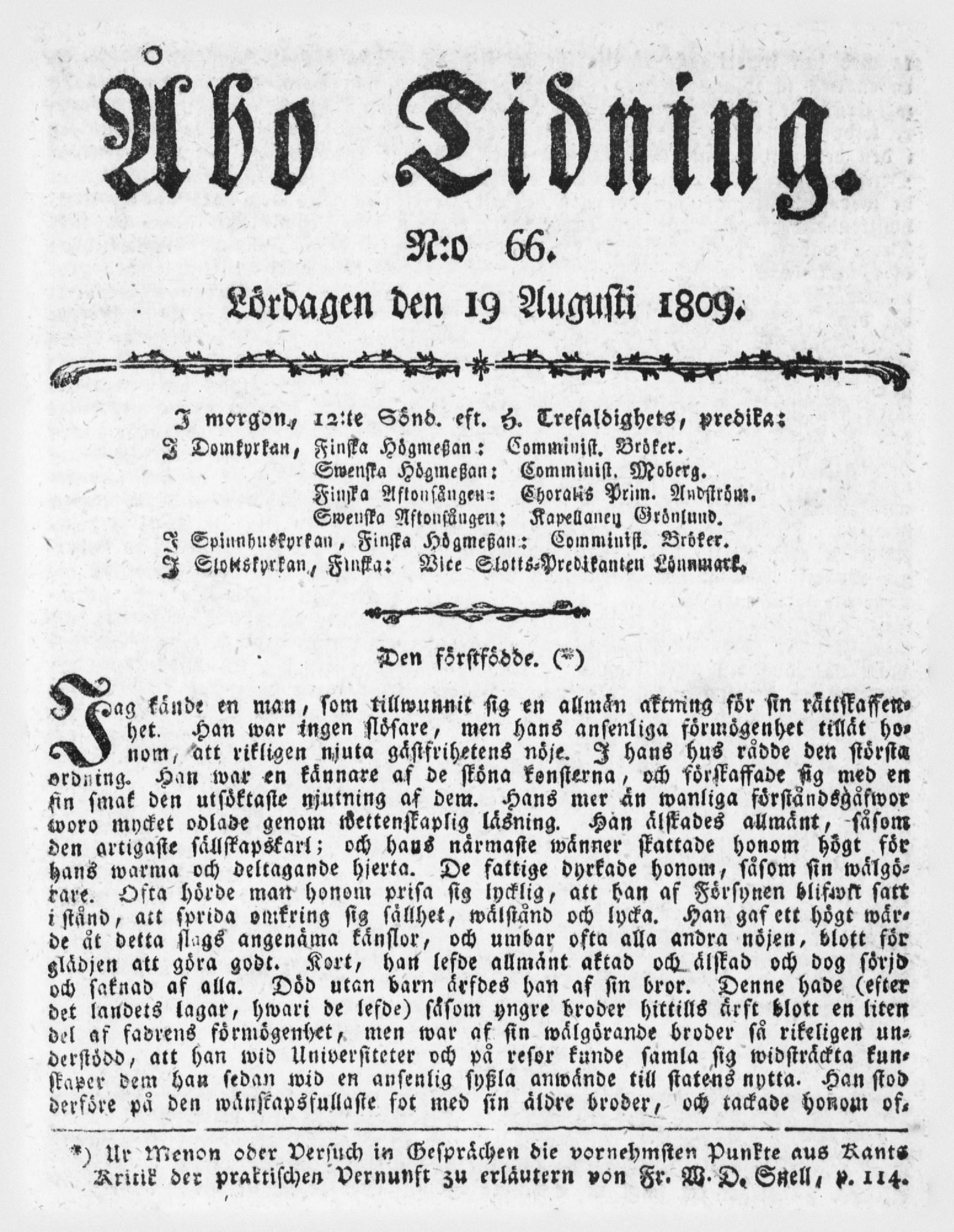 Tidningssida ur ÅBO TIDNING, 1809-08-19
