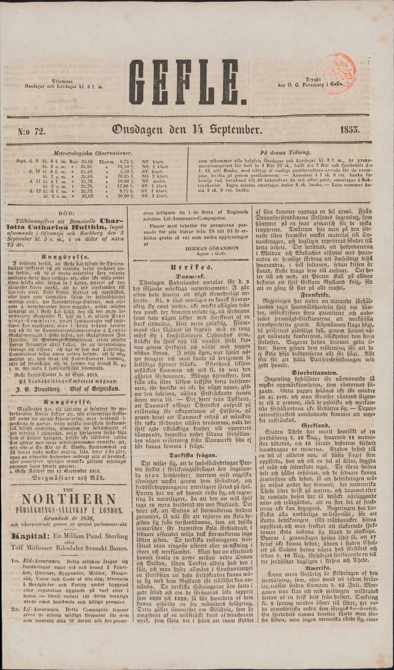 Tidningssida ur GEFLEBORGS LÄNS TIDNING, 1853-09-14