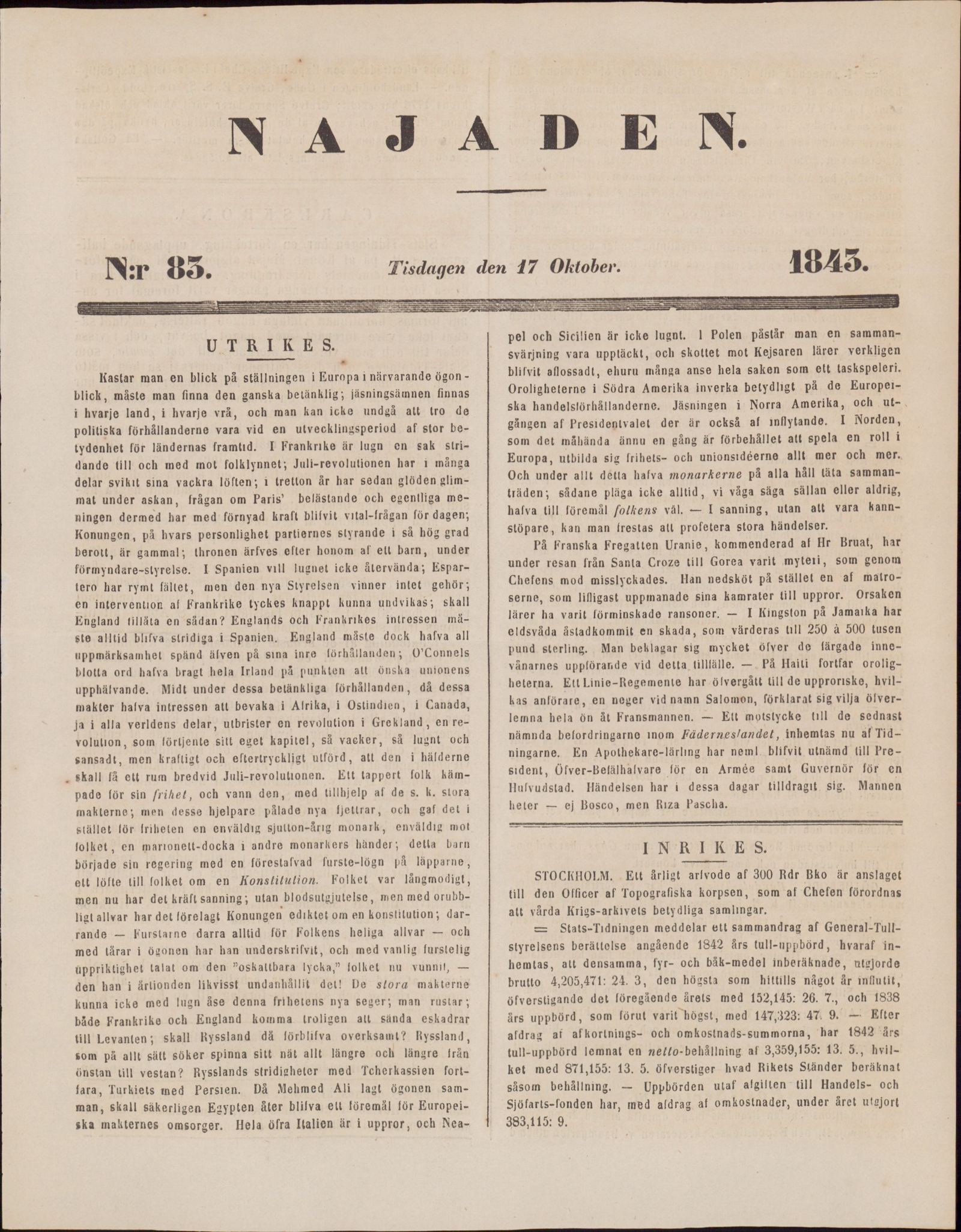 Tidningssida ur NAJADEN, 1843-10-17