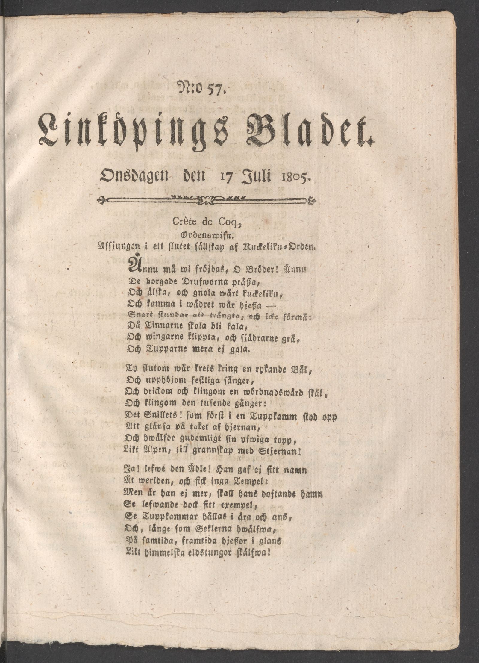 Tidningssida ur LINKÖPINGSBLADET, 1805-07-17