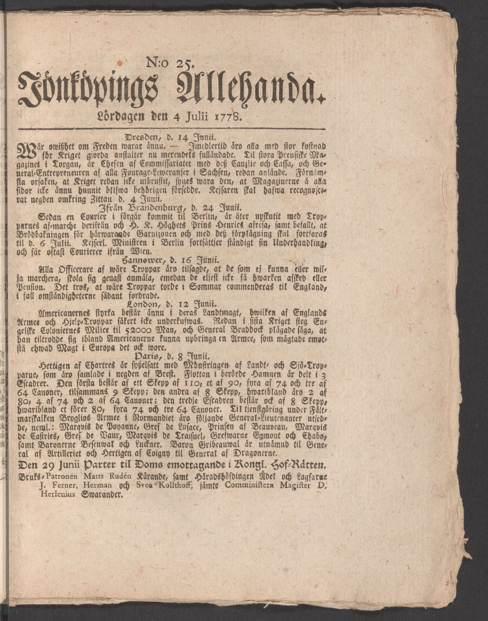 Tidningssida ur JÖNKÖPINGS ALLEHANDA, 1778-07-04