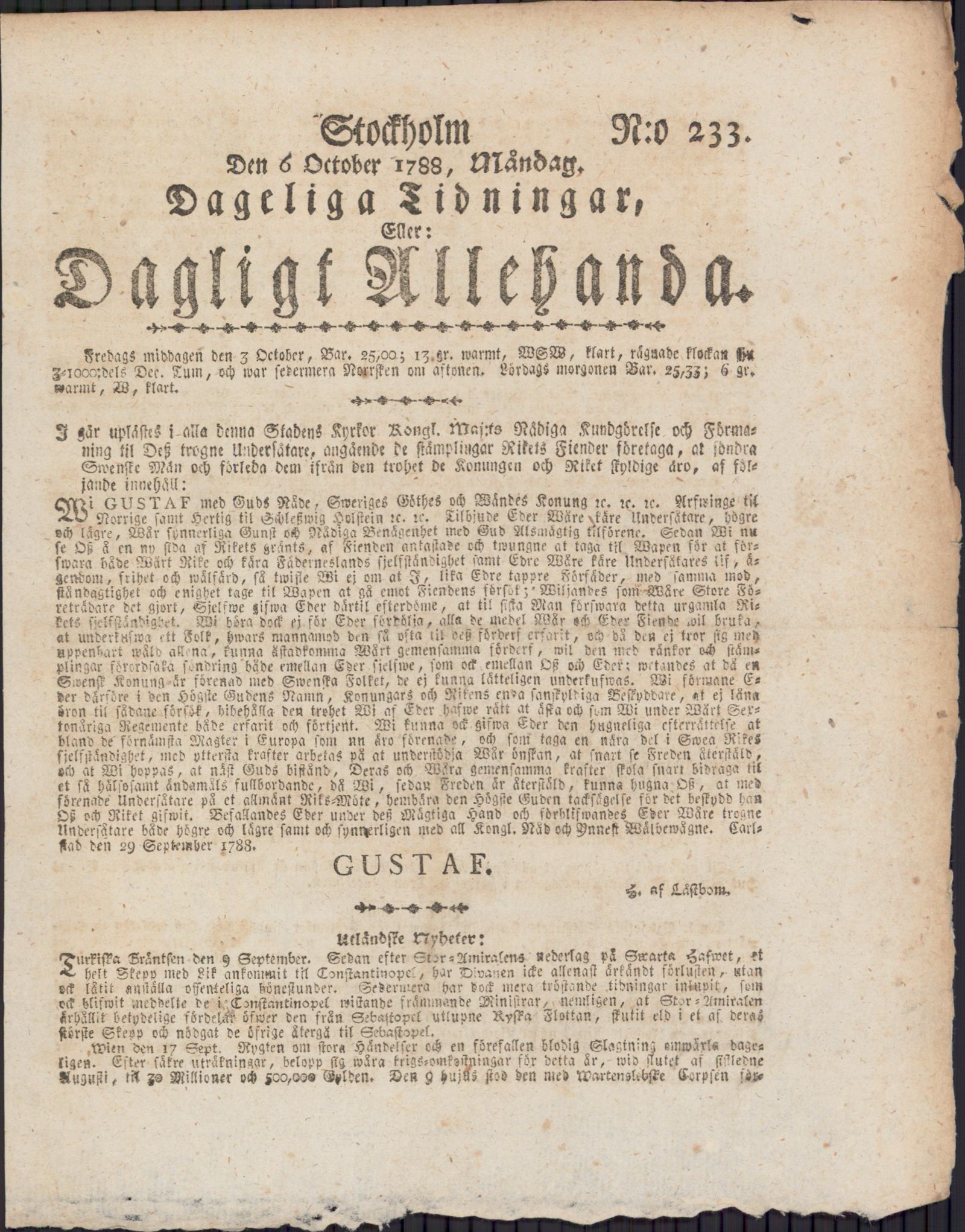 Tidningssida ur DAGLIGT ALLEHANDA, 1788-10-06