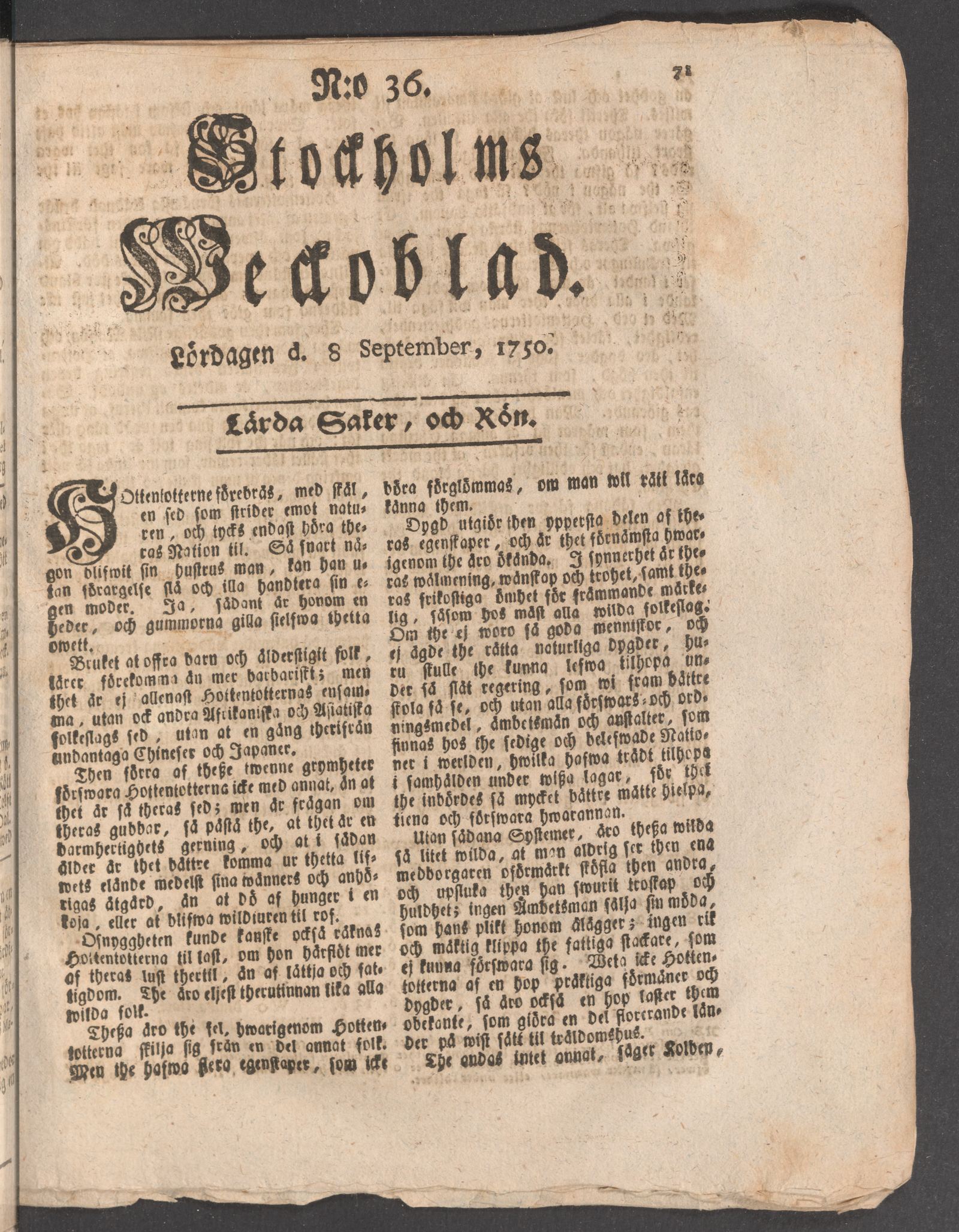 Tidningssida ur STOCKHOLMS WECKOBLAD, 1750-09-08