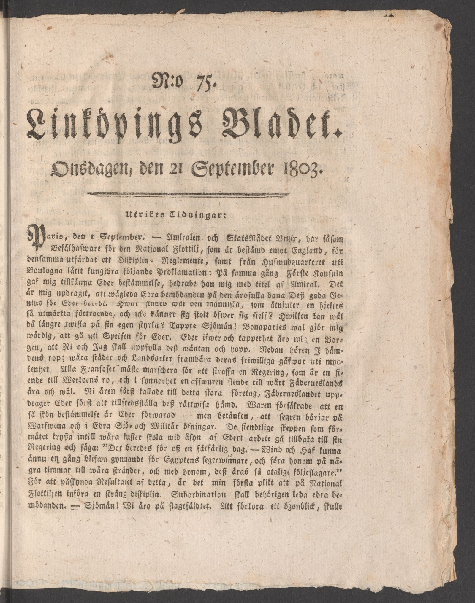 Tidningssida ur LINKÖPINGSBLADET, 1803-09-21