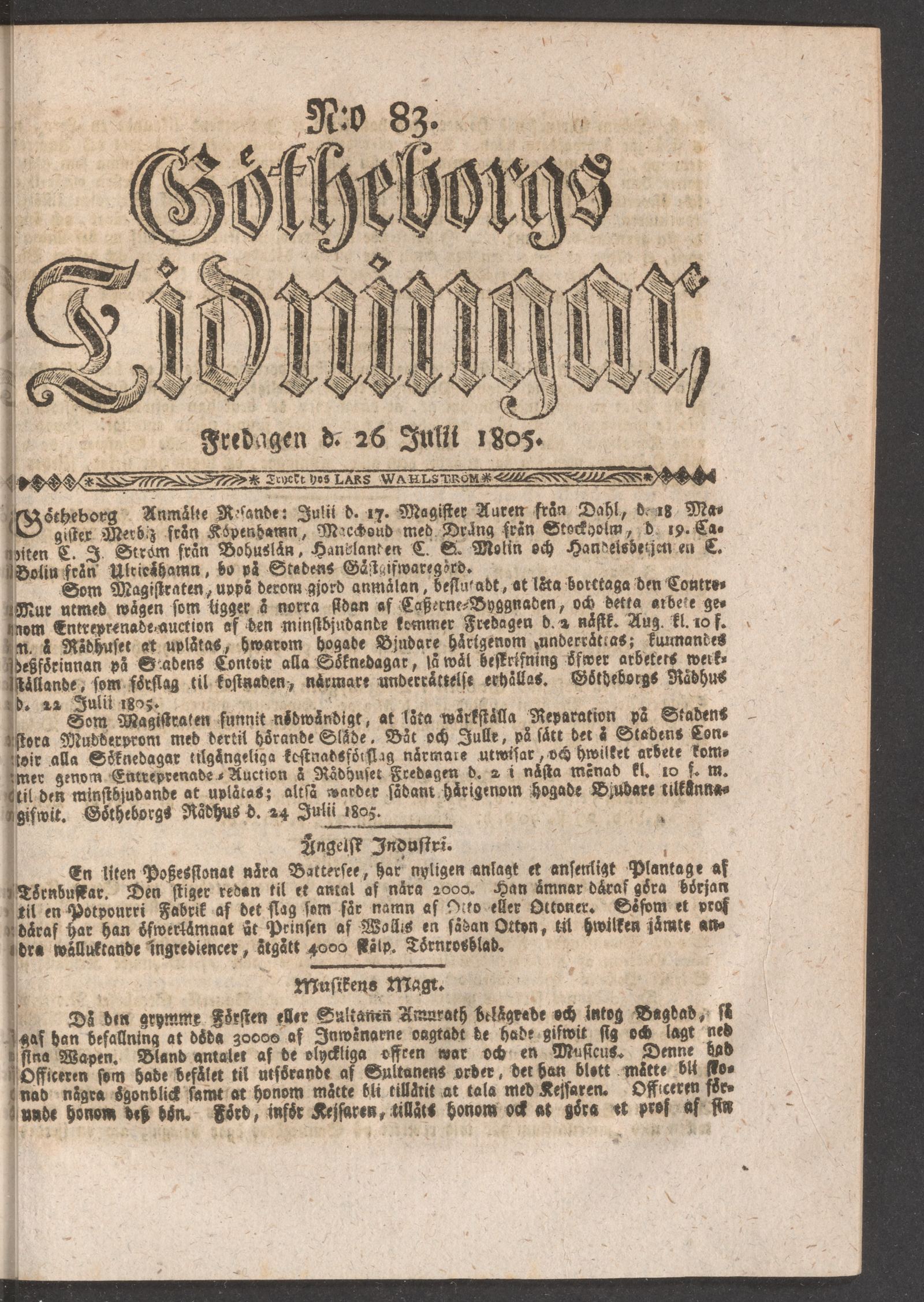 Tidningssida ur GÖTHEBORGS TIDNINGAR, 1805-07-26