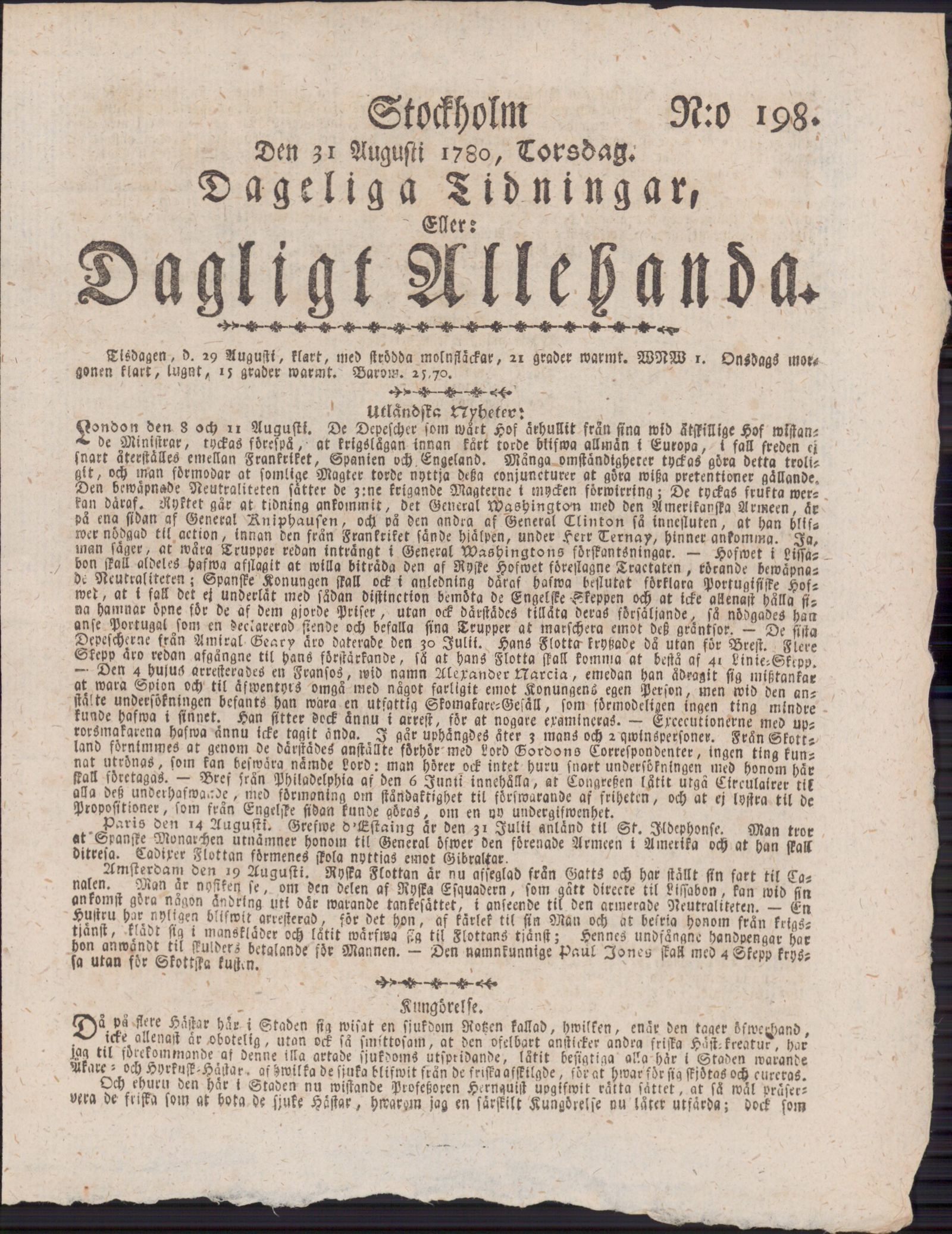 Tidningssida ur DAGLIGT ALLEHANDA, 1780-08-31