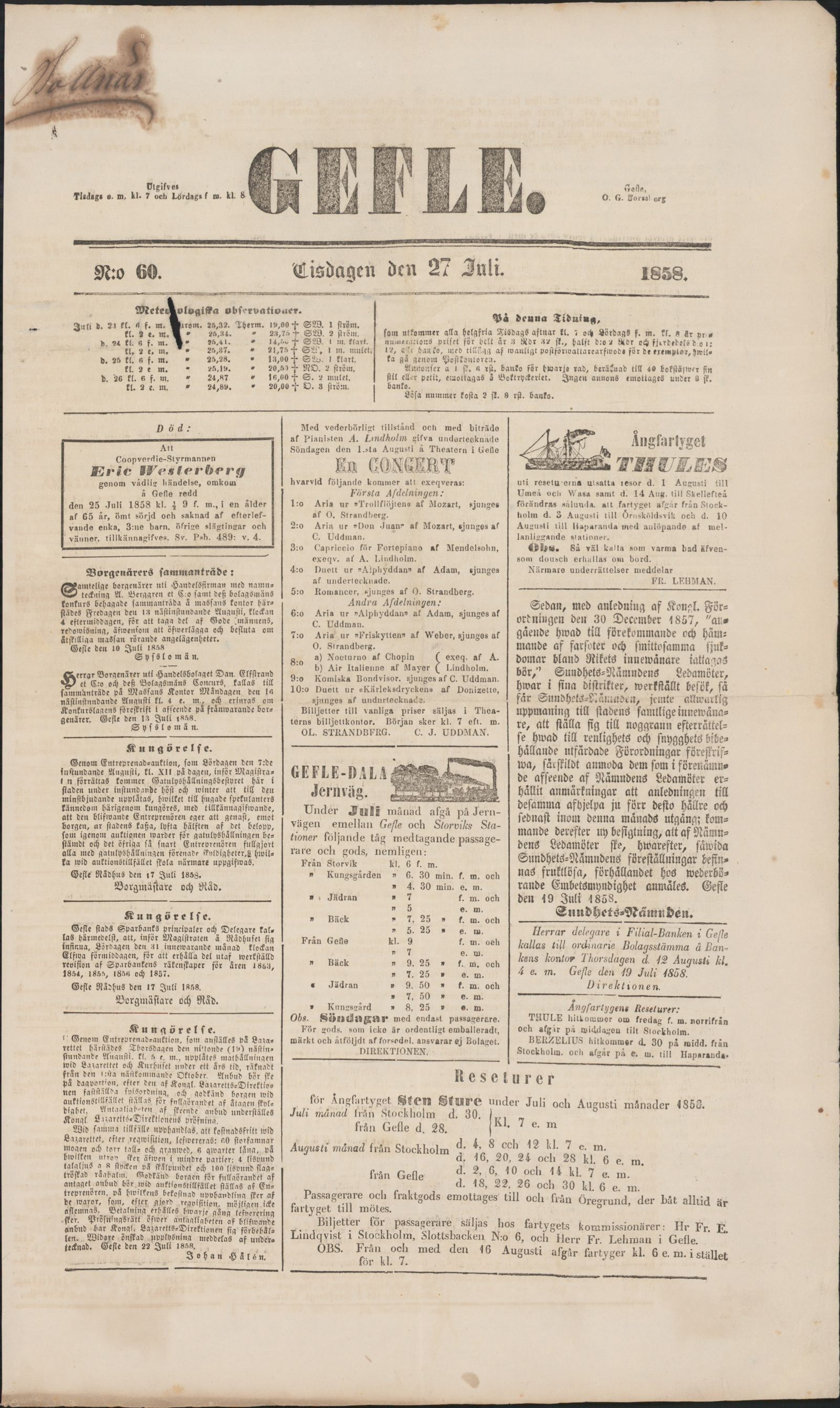 Tidningssida ur GEFLEBORGS LÄNS TIDNING, 1858-07-27