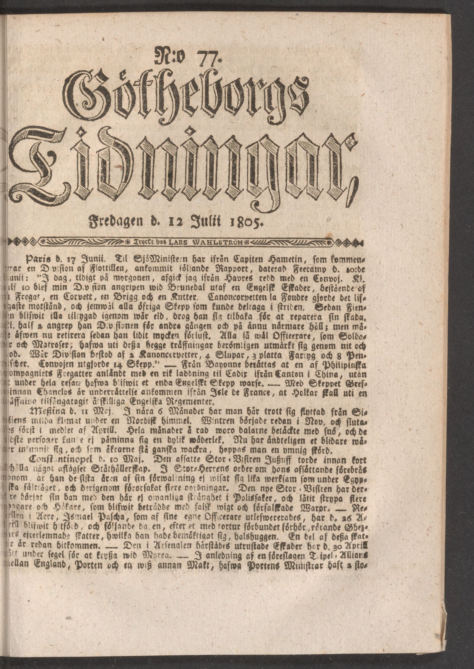 Tidningssida ur GÖTHEBORGS TIDNINGAR, 1805-07-12