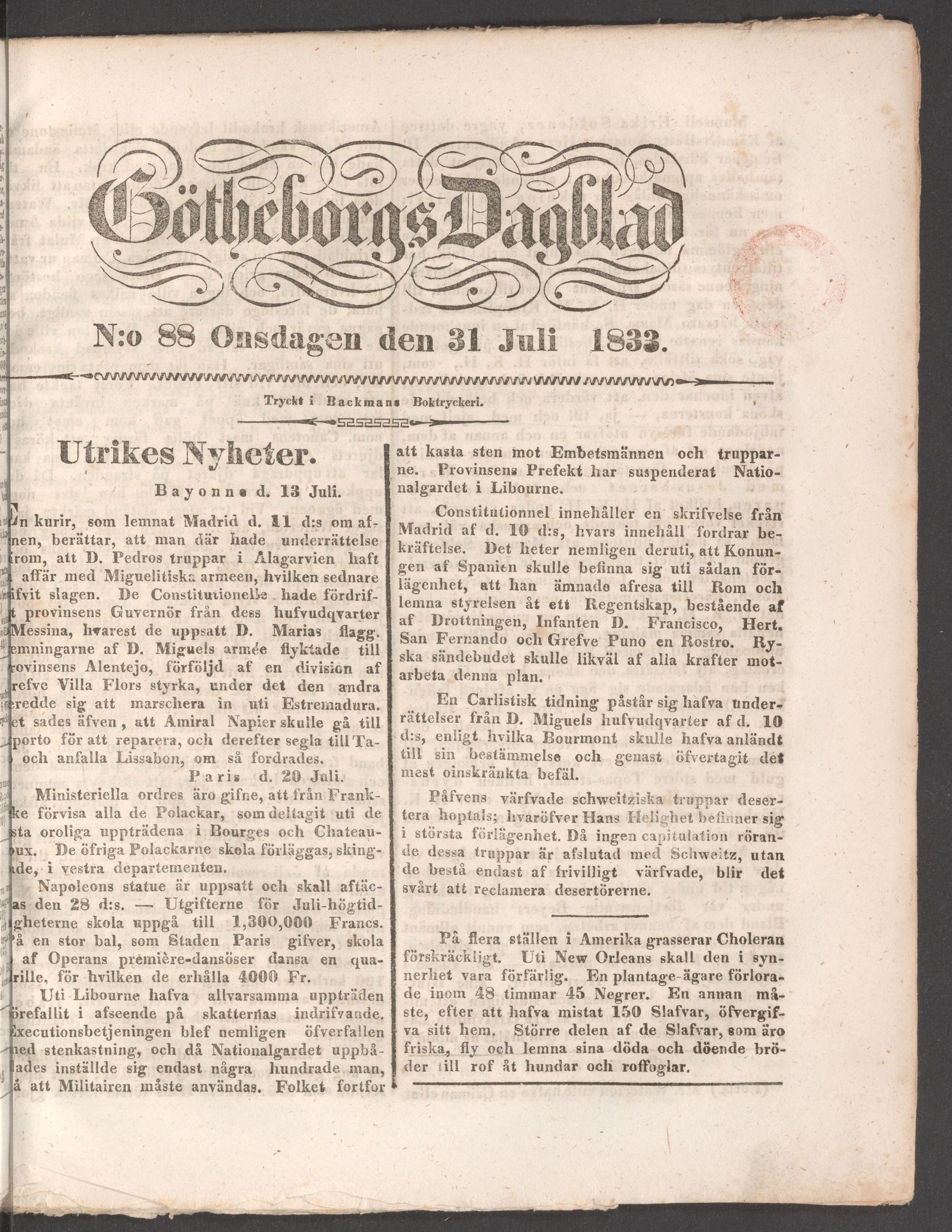 Tidningssida ur GÖTHEBORGS DAGBLAD, 1833-07-31