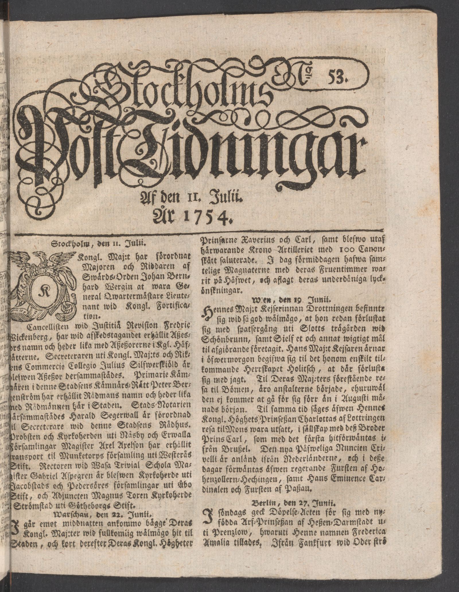 Tidningssida ur POSTTIDNINGAR, 1754-07-11