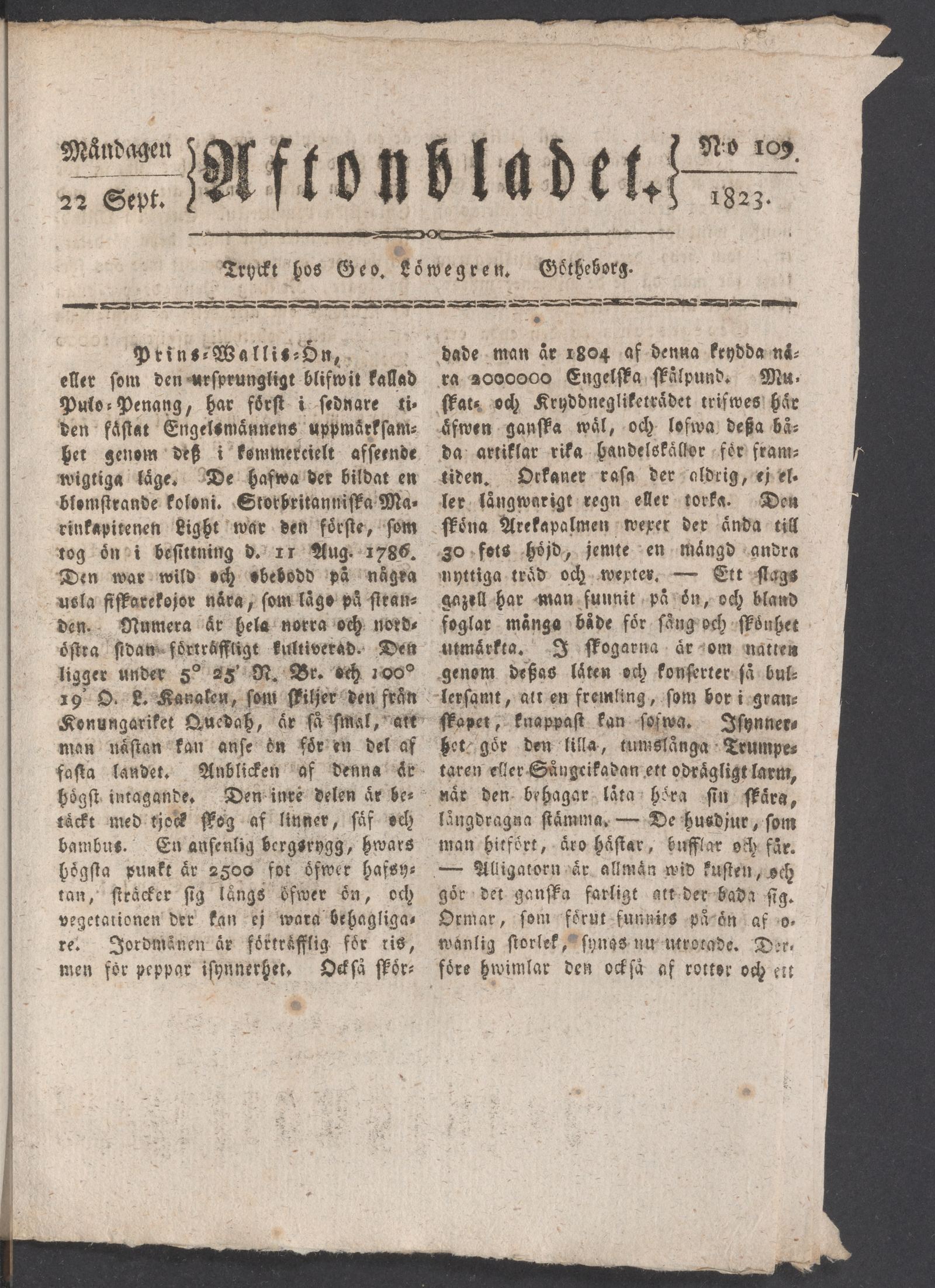 Tidningssida ur AFTONBLADET, 1823-09-22