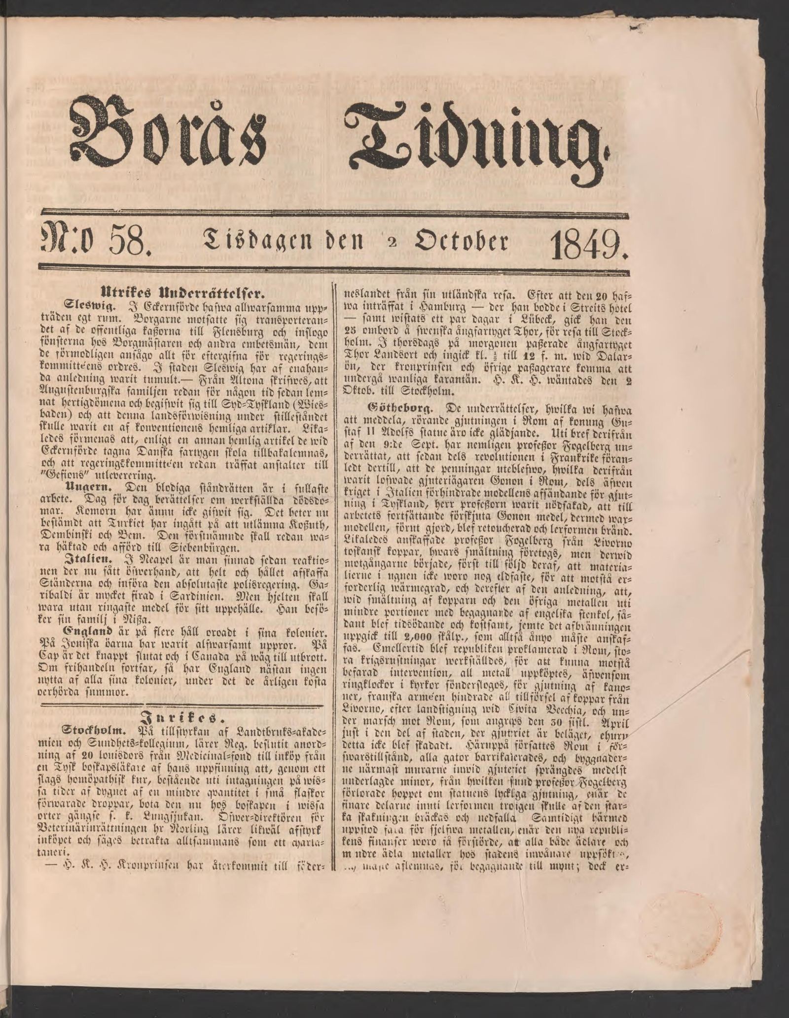 Tidningssida ur Borås Tidning, 1849-10-02