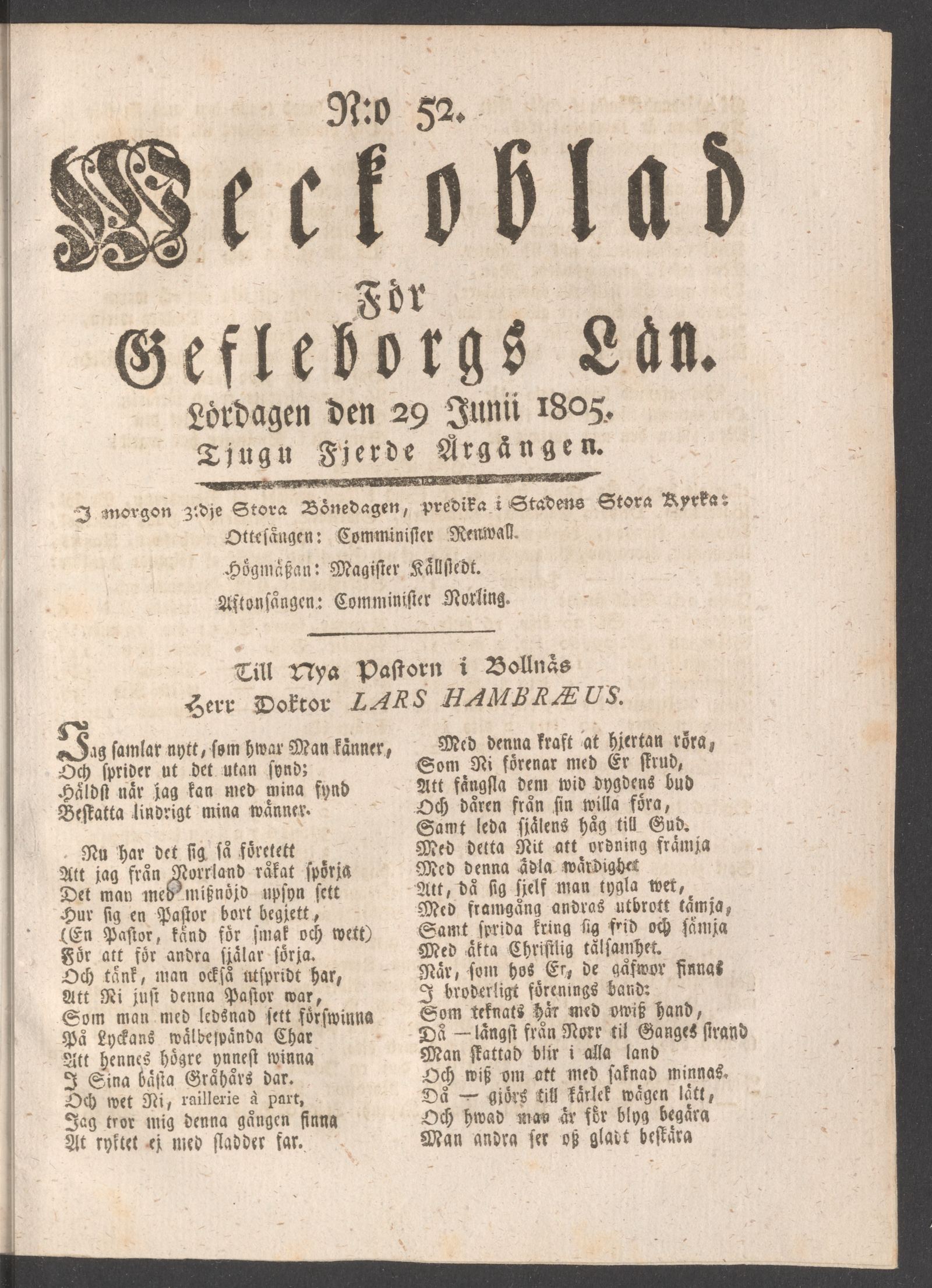Tidningssida ur WECKOBLAD FÖR GEFLEBORGS LÄN, 1805-06-29
