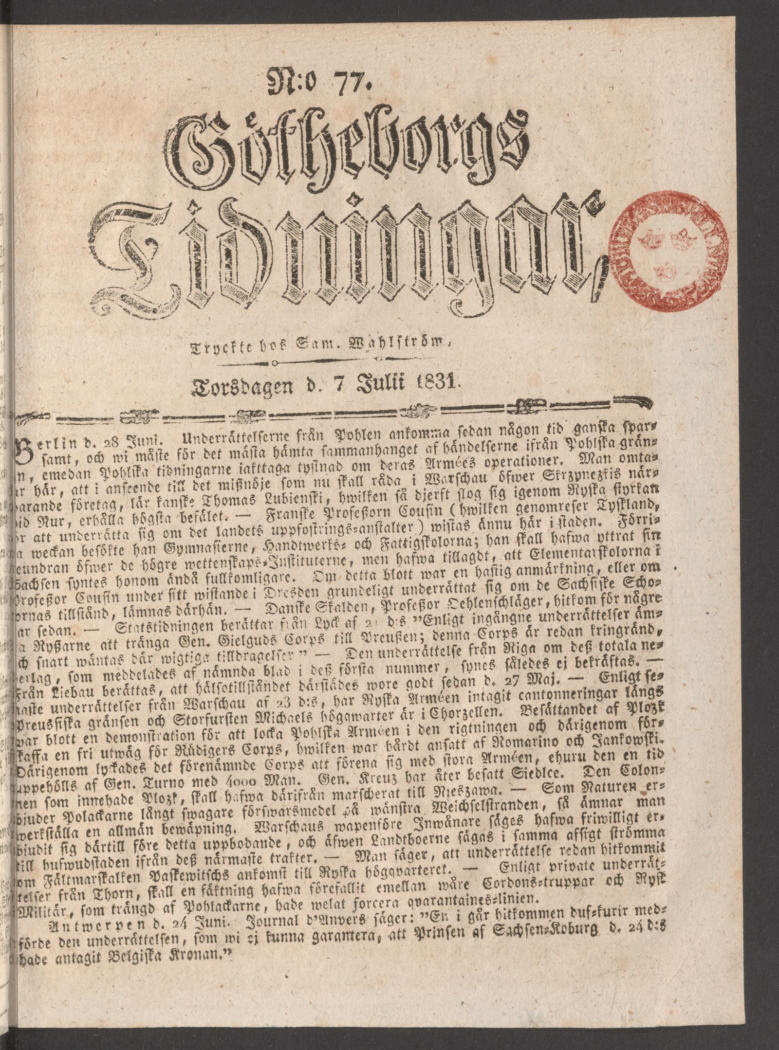Tidningssida ur GÖTHEBORGS TIDNINGAR, 1831-07-07